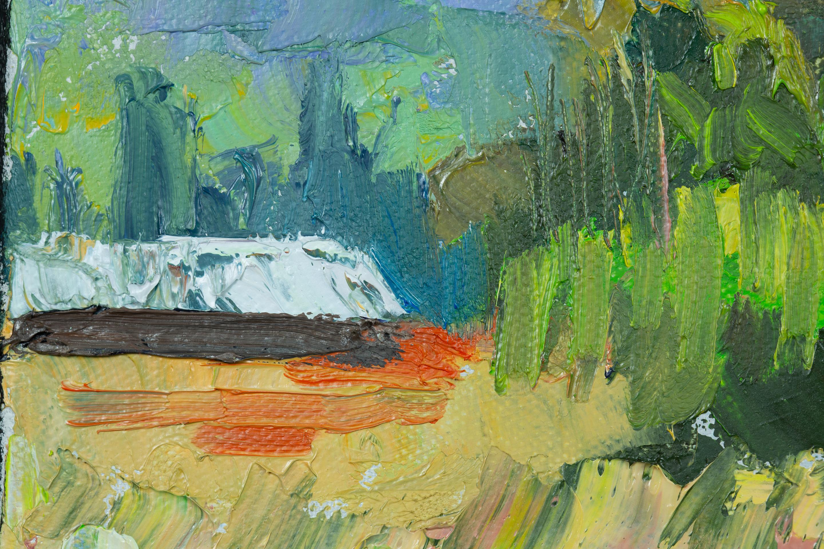 Tannenbäume. Heuwiese, Weite. Quadrat, Impressionismus, Landschaftsgemälde, Wald im Angebot 6