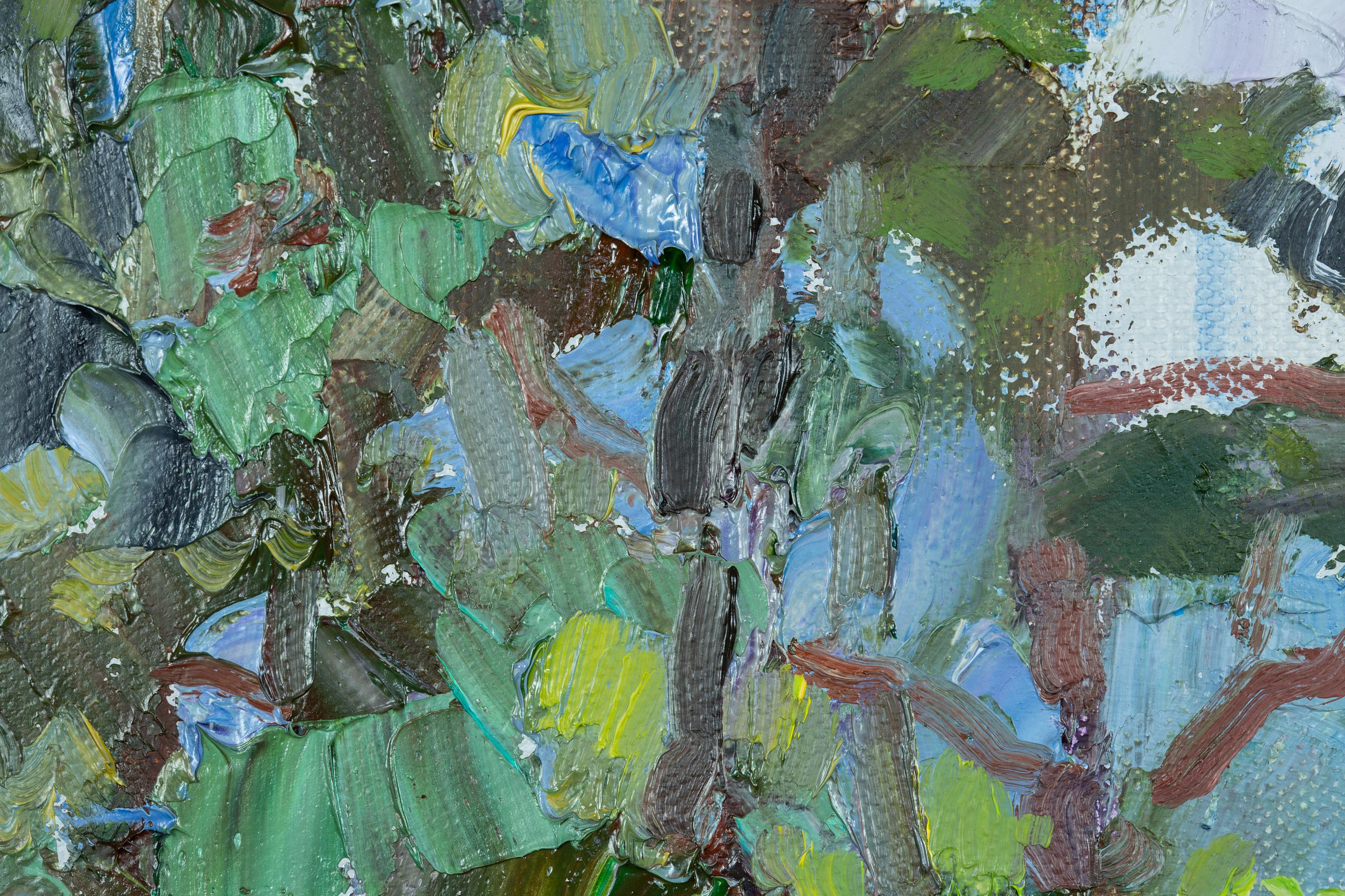 Tannenbäume. Heuwiese, Weite. Quadrat, Impressionismus, Landschaftsgemälde, Wald im Angebot 8