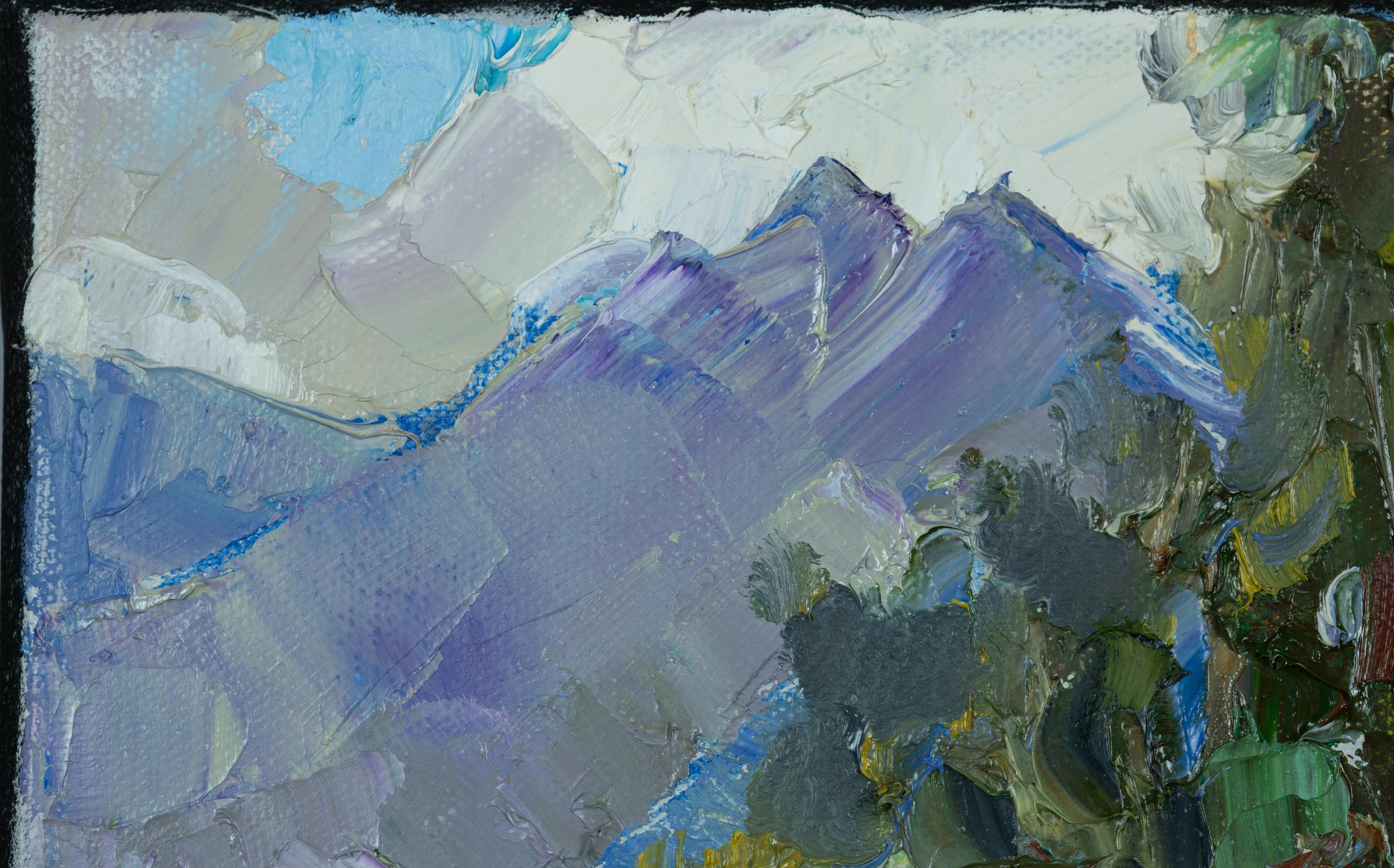 Tannenbäume. Heuwiese, Weite. Quadrat, Impressionismus, Landschaftsgemälde, Wald im Angebot 11