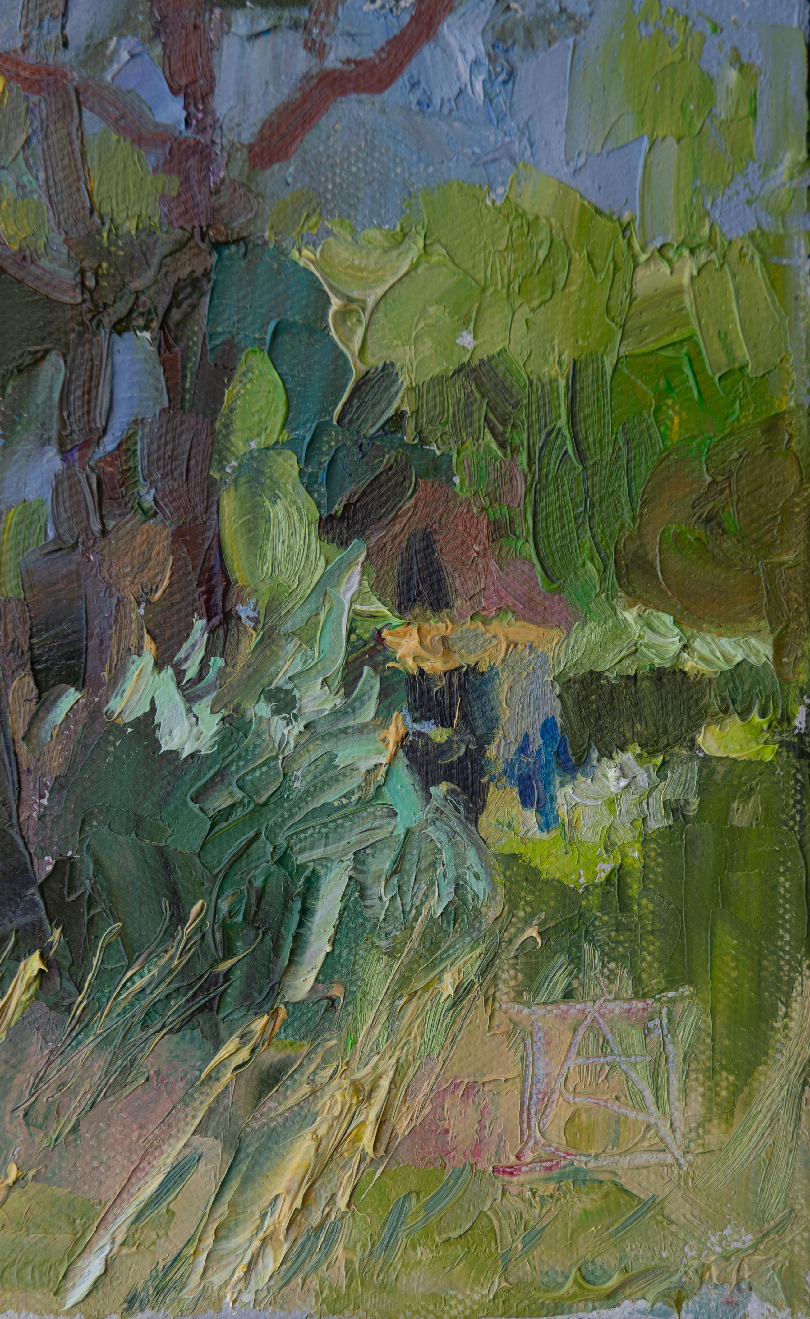 Tannenbäume. Heuwiese, Weite. Quadrat, Impressionismus, Landschaftsgemälde, Wald (Grau), Landscape Painting, von Anna Shesterikova