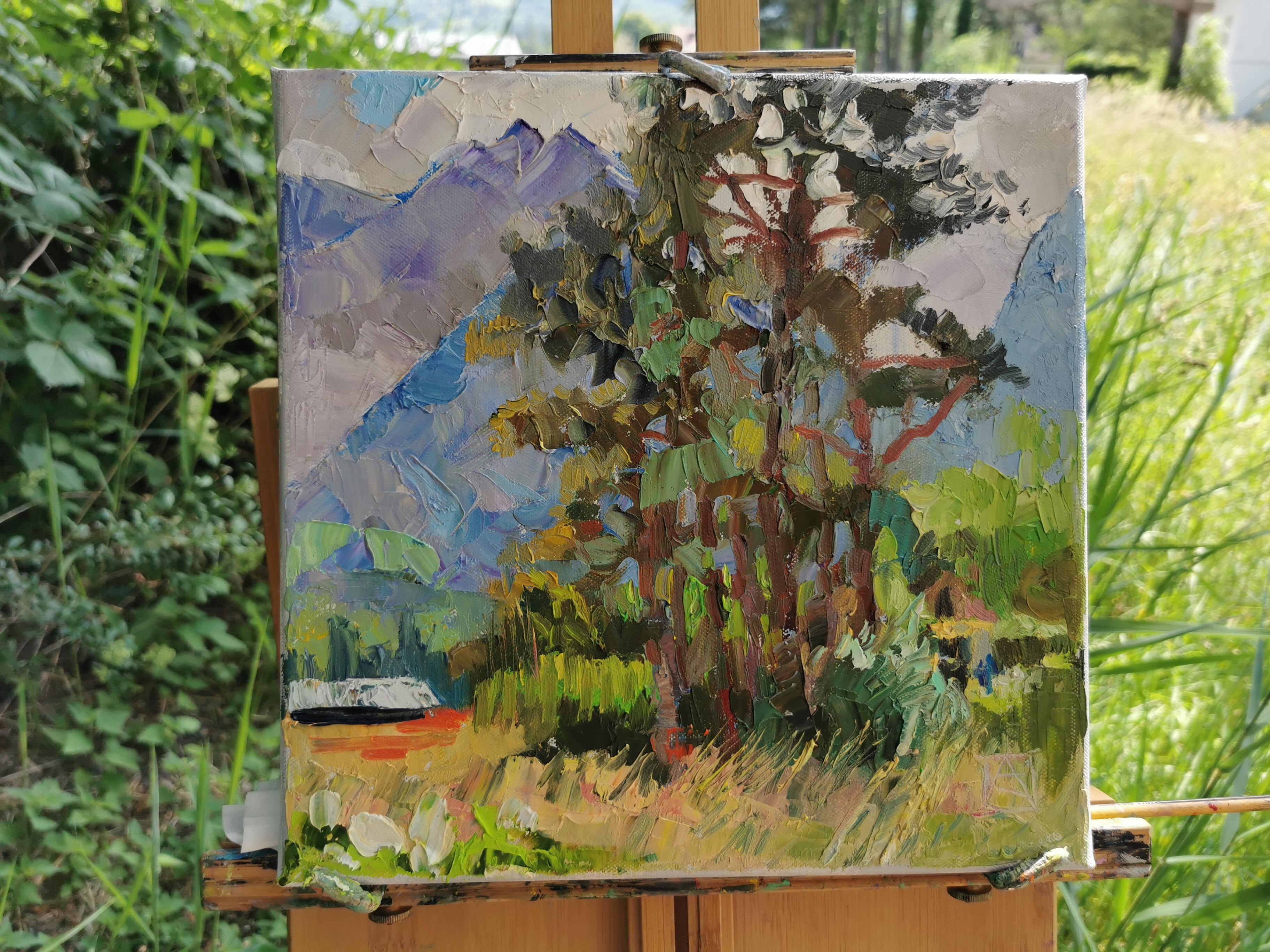 Tannenbäume. Heuwiese, Weite. Quadrat, Impressionismus, Landschaftsgemälde, Wald im Angebot 2