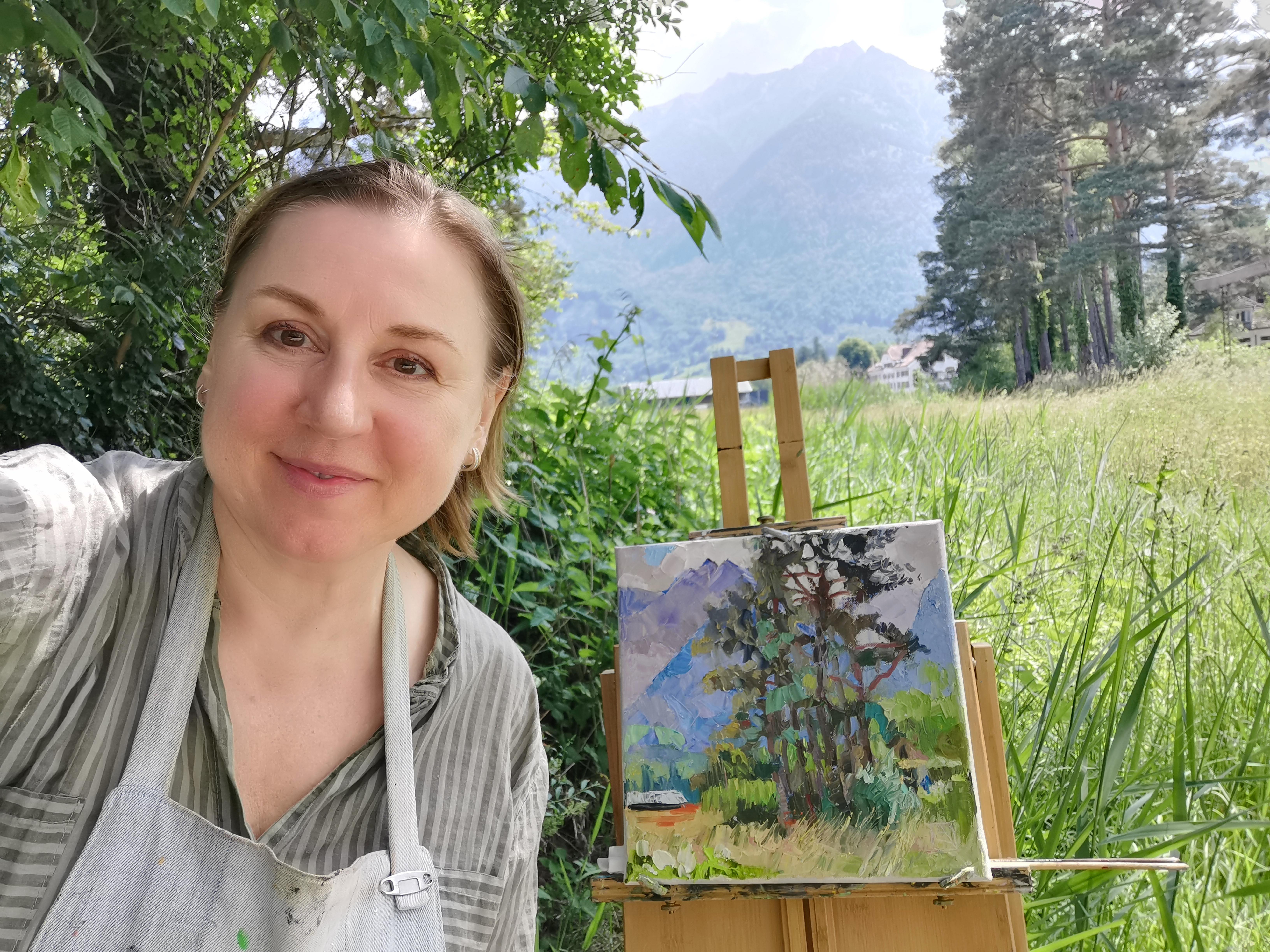 Tannenbäume. Heuwiese, Weite. Quadrat, Impressionismus, Landschaftsgemälde, Wald im Angebot 3