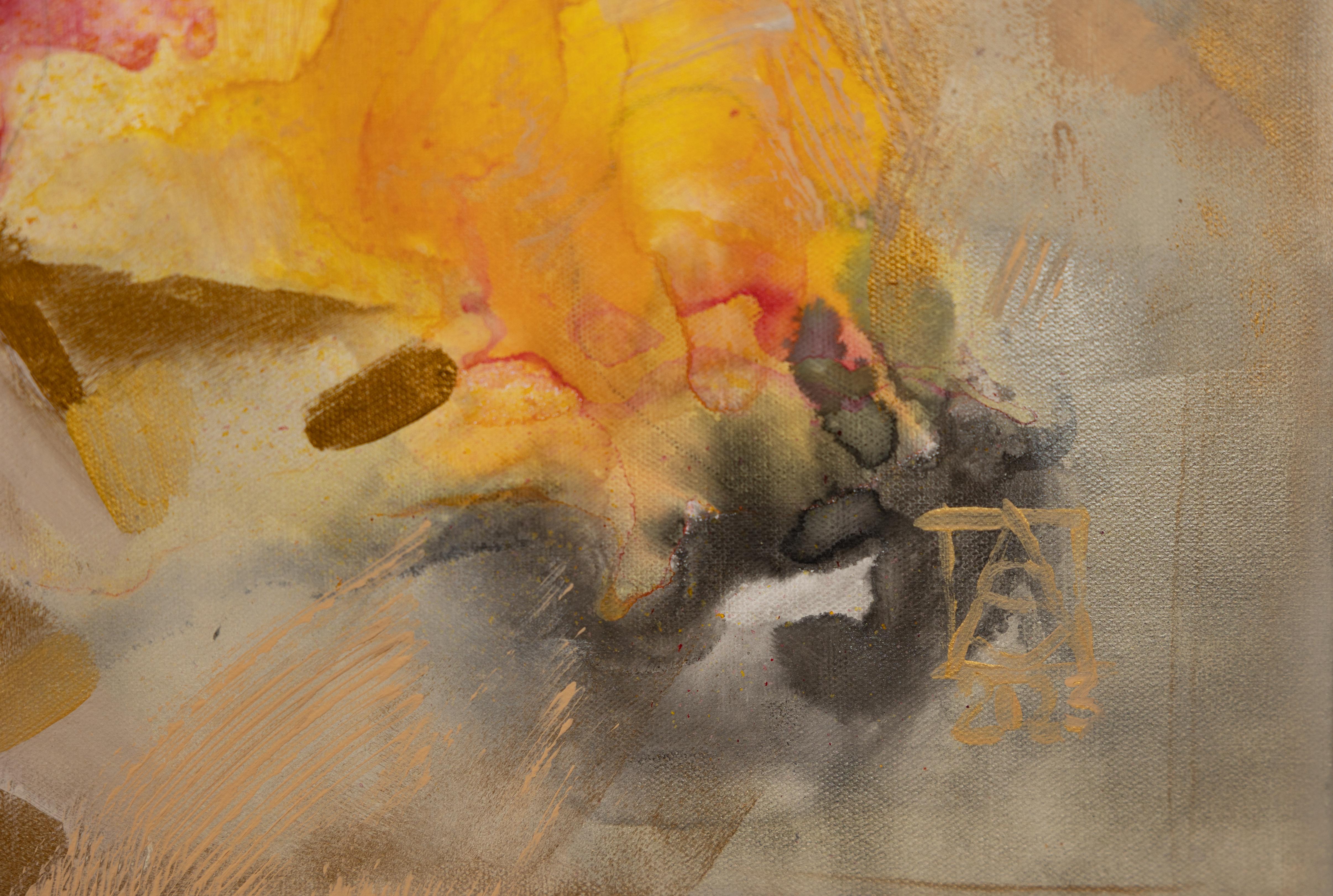 Astrazione rosa. Orizzontale, acrilico, rosa, giallo, fiori - Abstract Painting Marrone di Anna Shesterikova