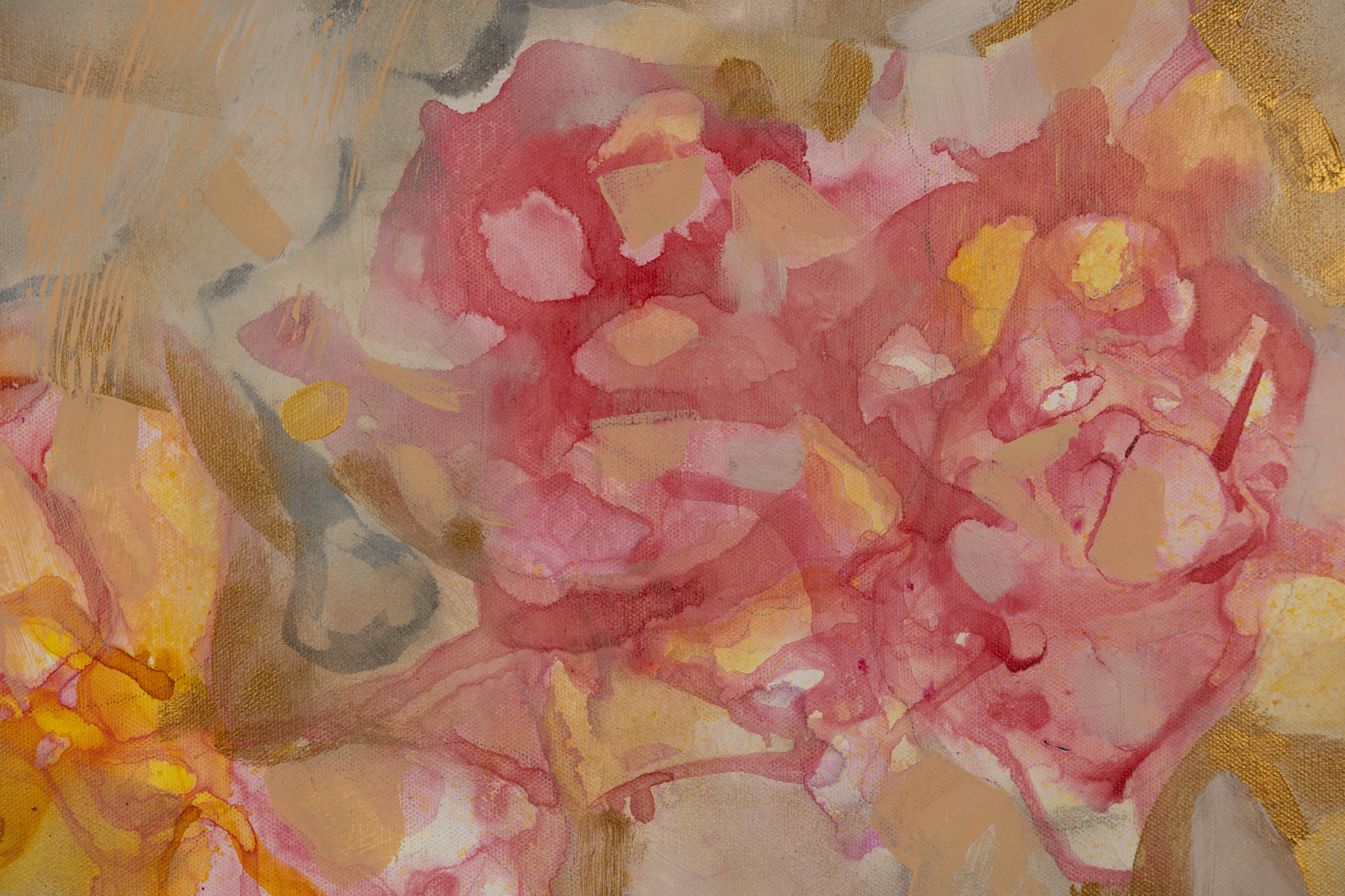 Astrazione rosa. Orizzontale, acrilico, rosa, giallo, fiori in vendita 1