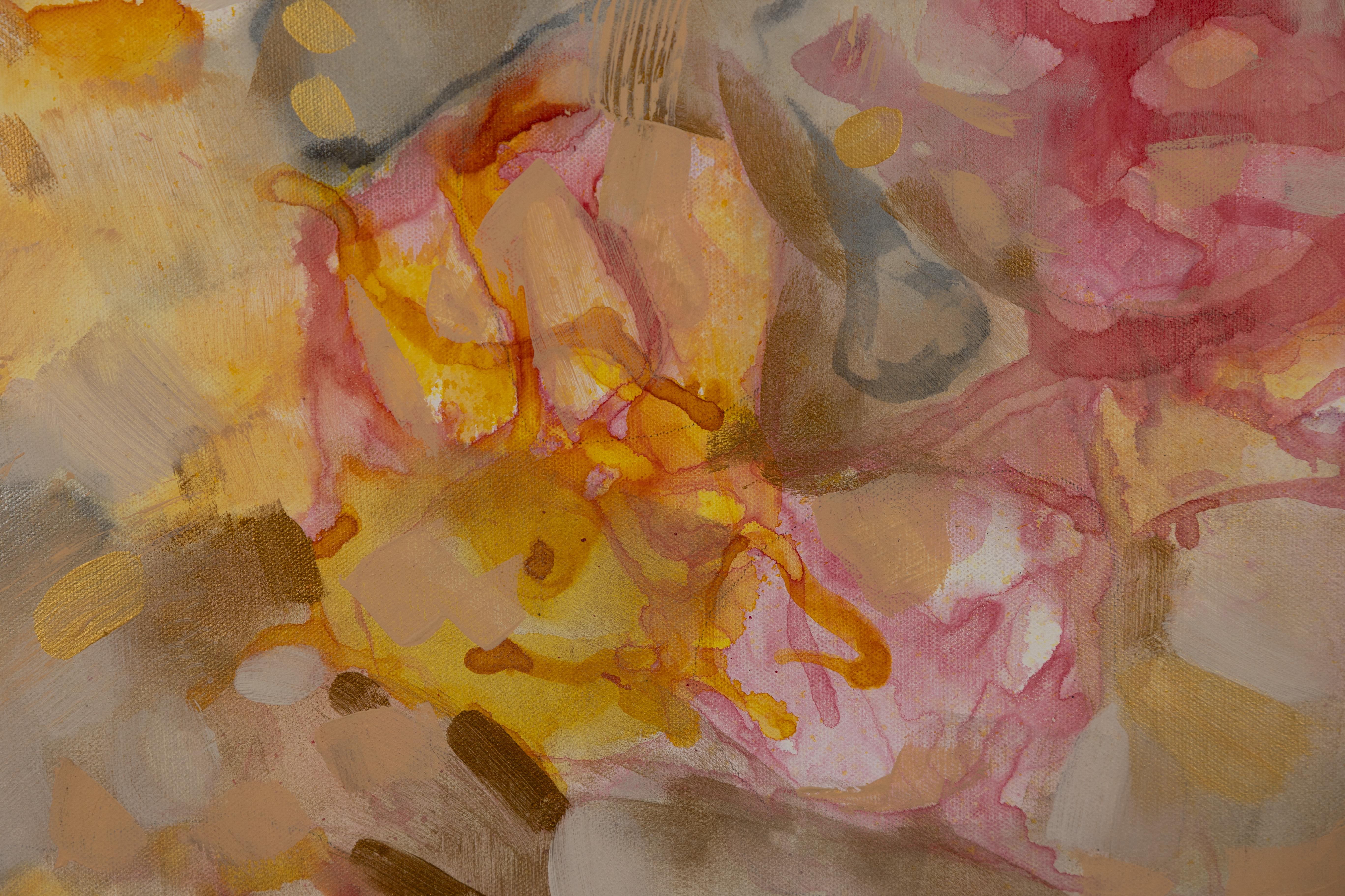 Astrazione rosa. Orizzontale, acrilico, rosa, giallo, fiori in vendita 2