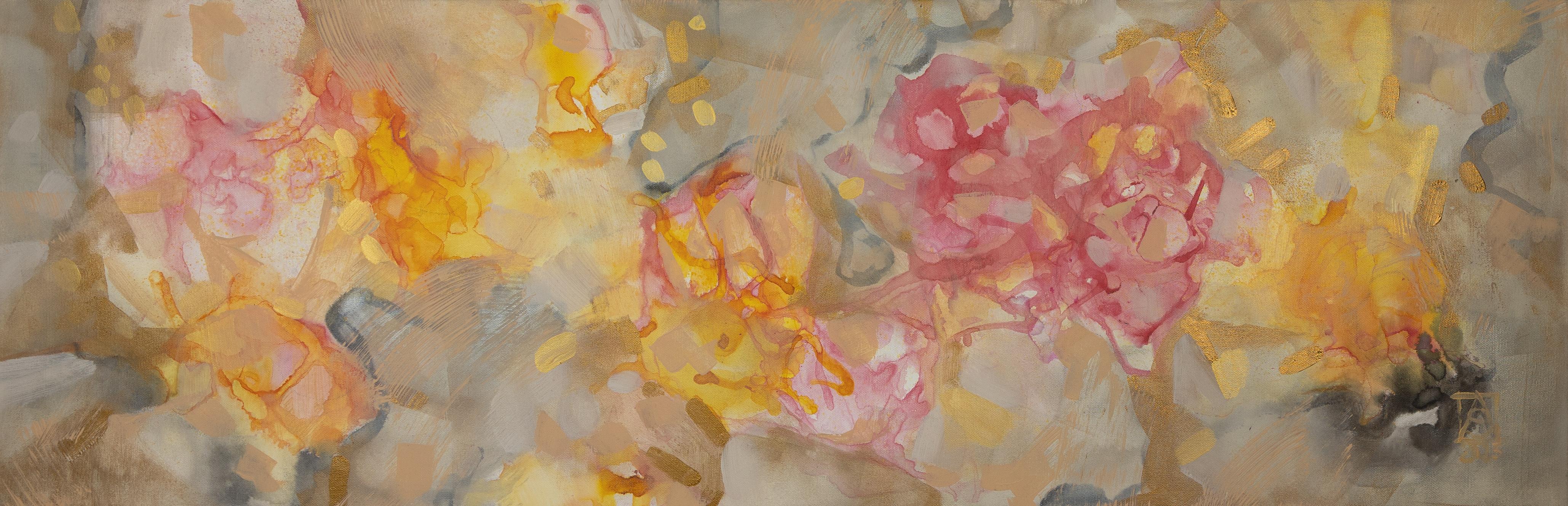 Abstract Painting di Anna Shesterikova - Astrazione rosa. Orizzontale, acrilico, rosa, giallo, fiori