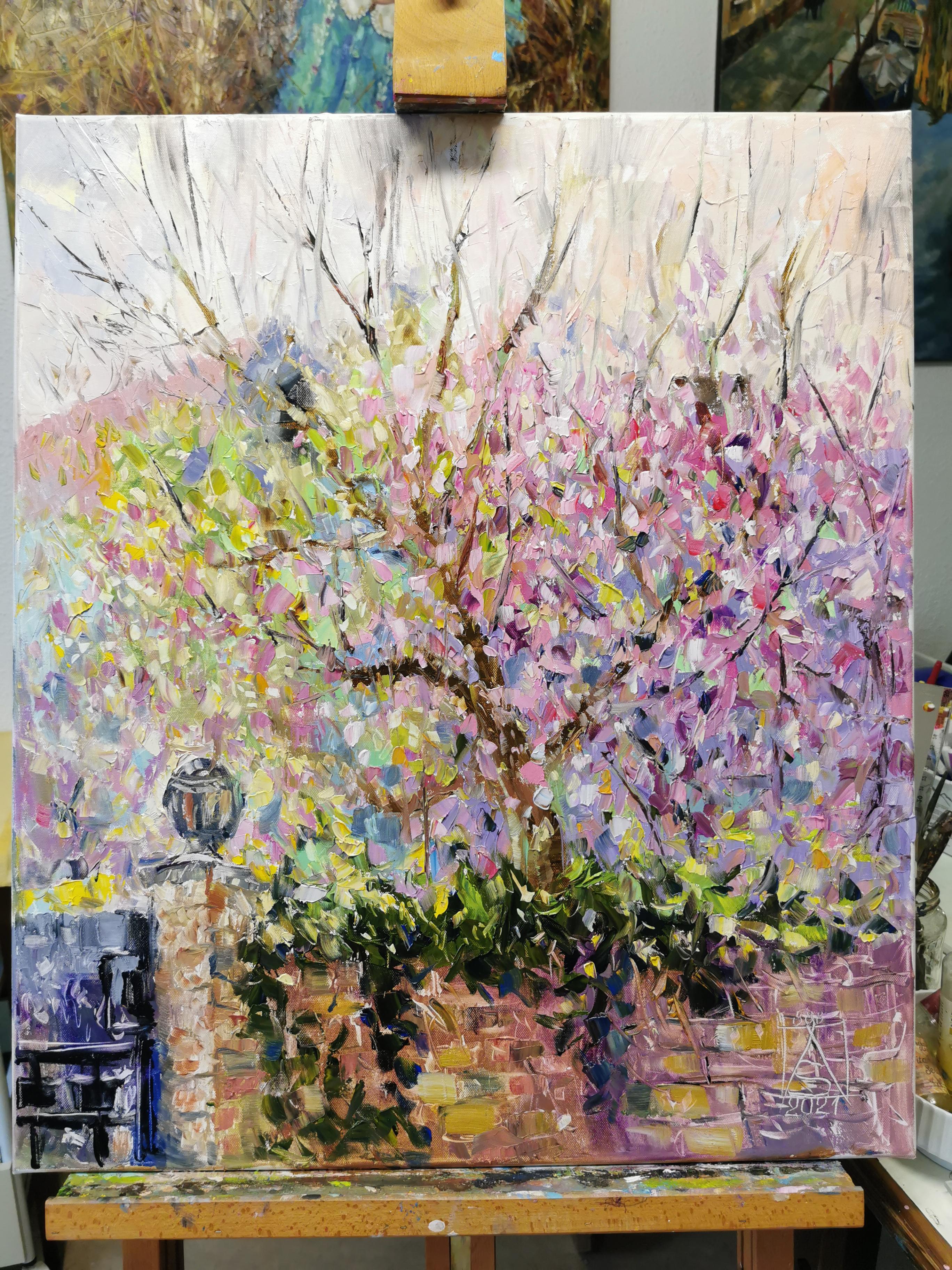 Pink Spring. Landscape in oil with flowers and house. Impressionism. Artgallery For Sale 5