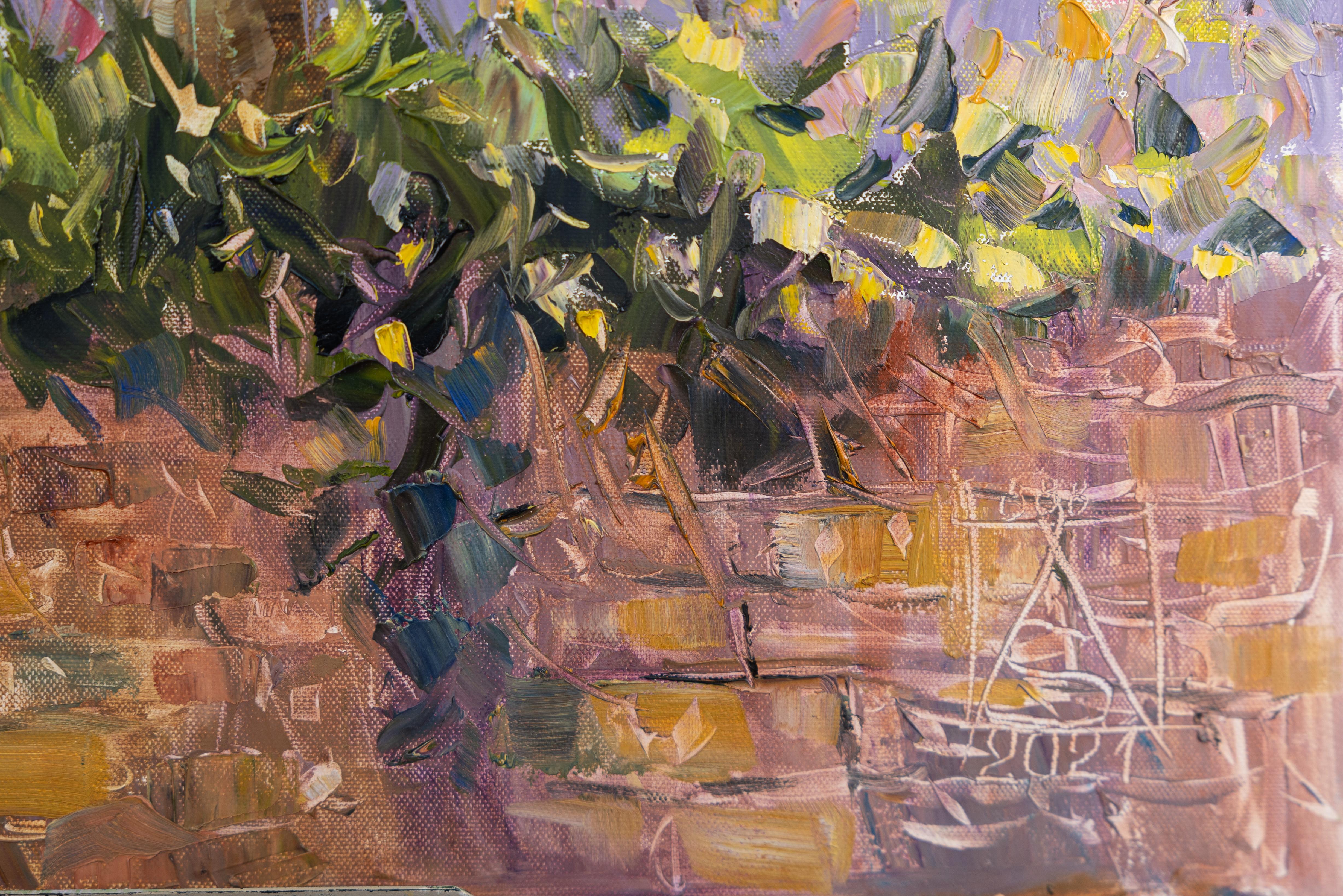 Pink Spring. Landscape in oil with flowers and house. Impressionism. Artgallery - Brown Landscape Painting by Anna Shesterikova