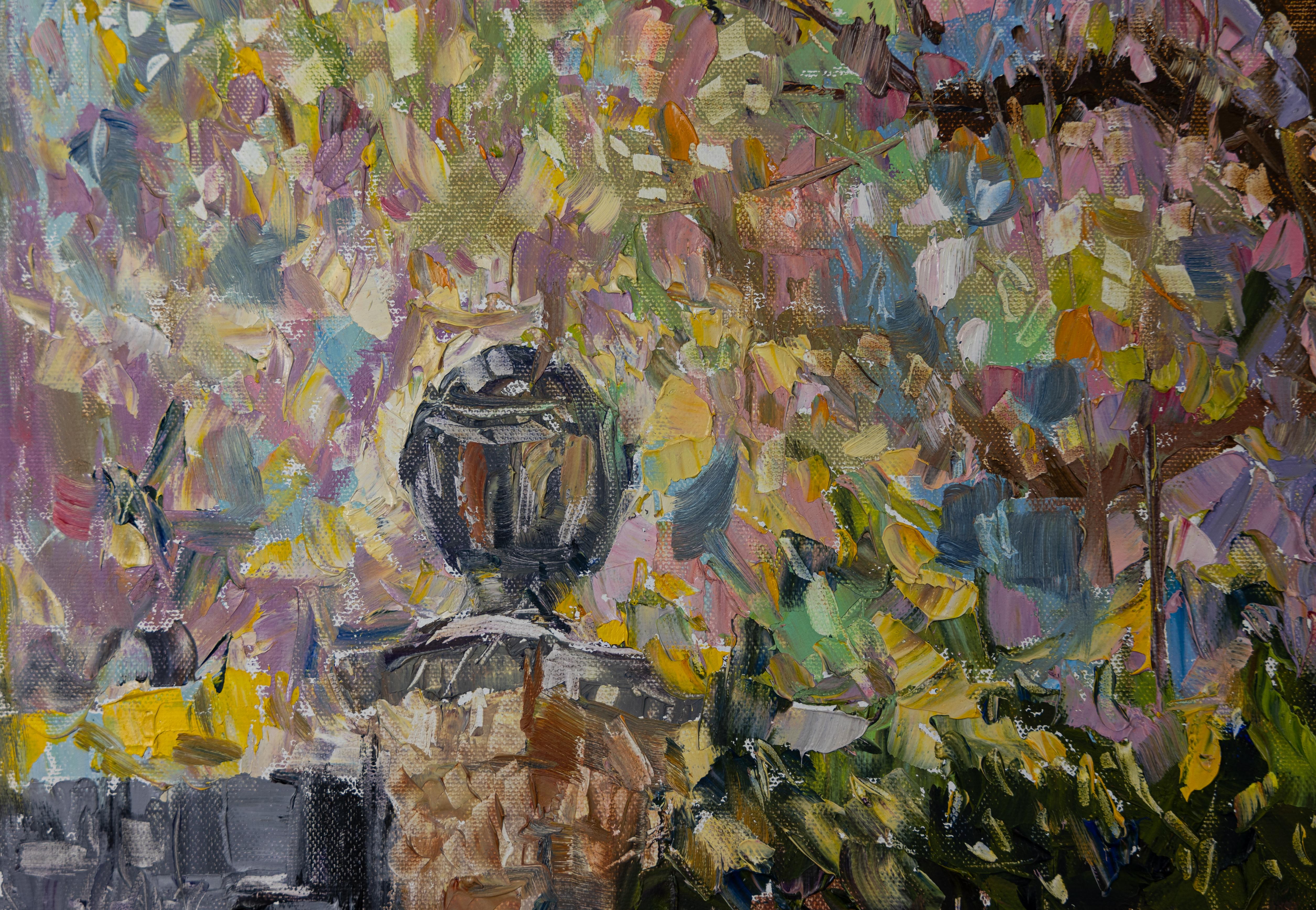 Pink Spring. Landscape in oil with flowers and house. Impressionism. Artgallery For Sale 2
