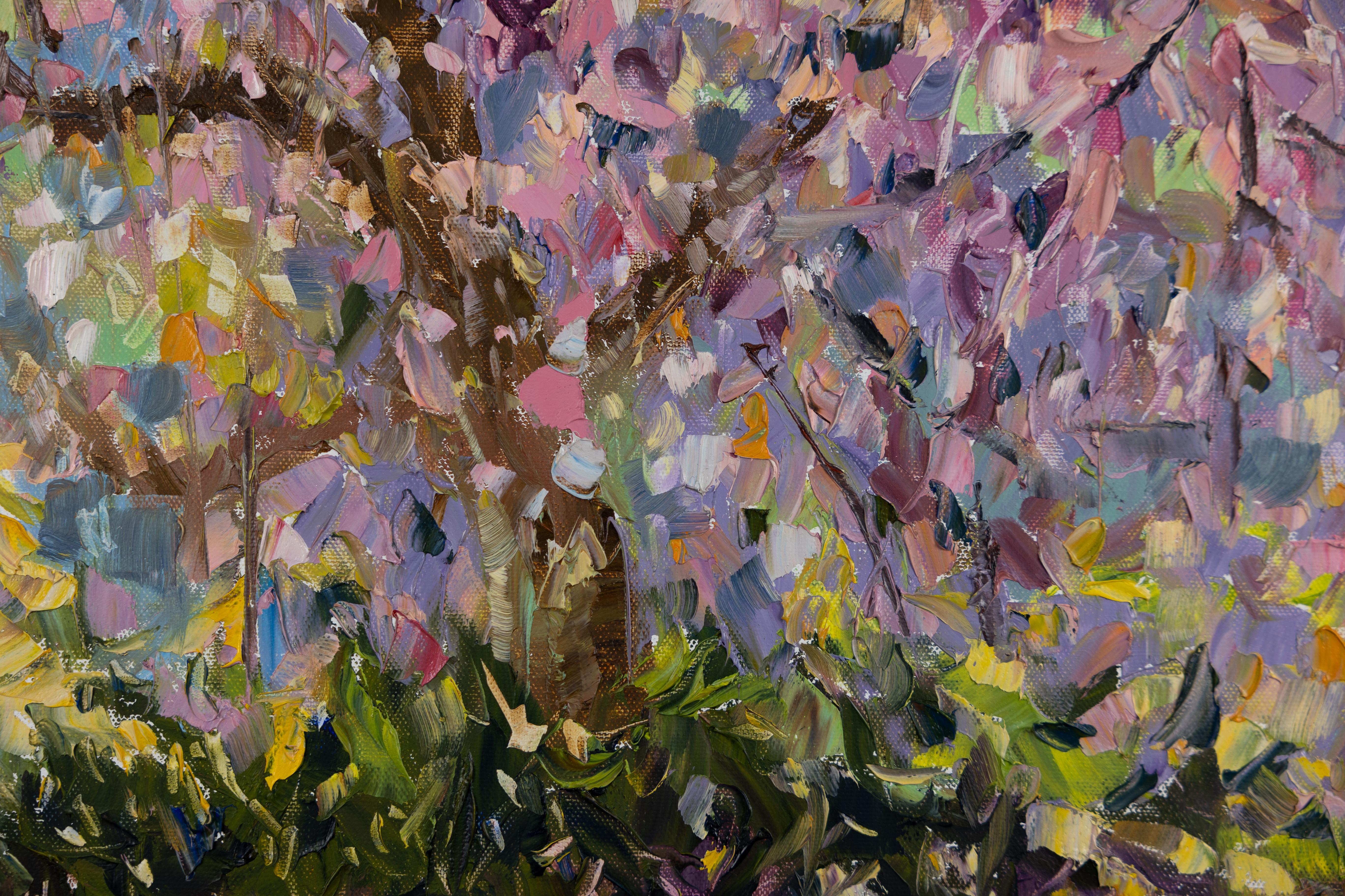 Pink Spring. Landscape in oil with flowers and house. Impressionism. Artgallery For Sale 3