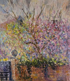 Pink Spring. Landscape in oil with flowers and house. Impressionism. Artgallery