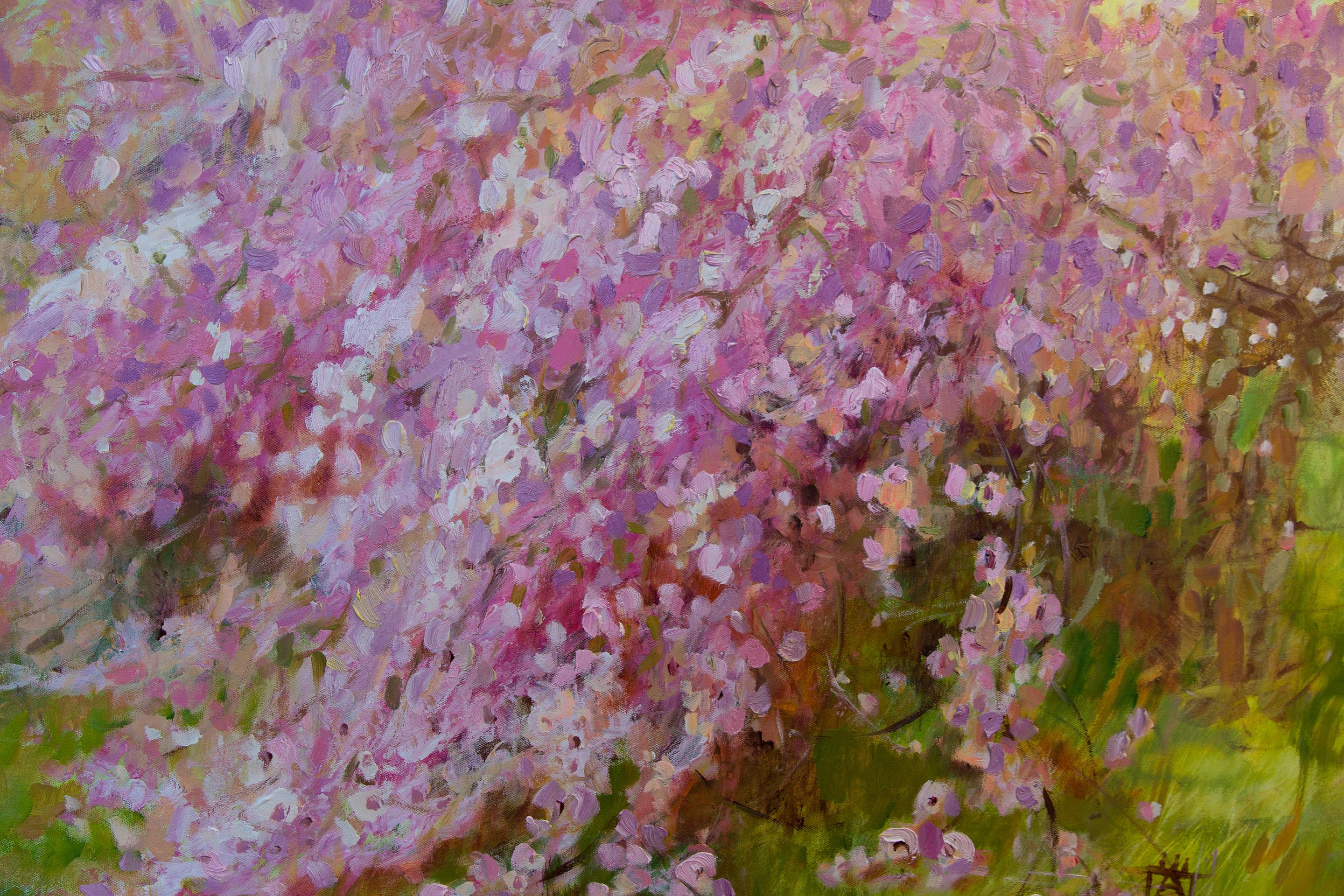 Pink Waterfall.  Oil painting, Landscap, Flowers, Large horizontal Impressionism For Sale 5