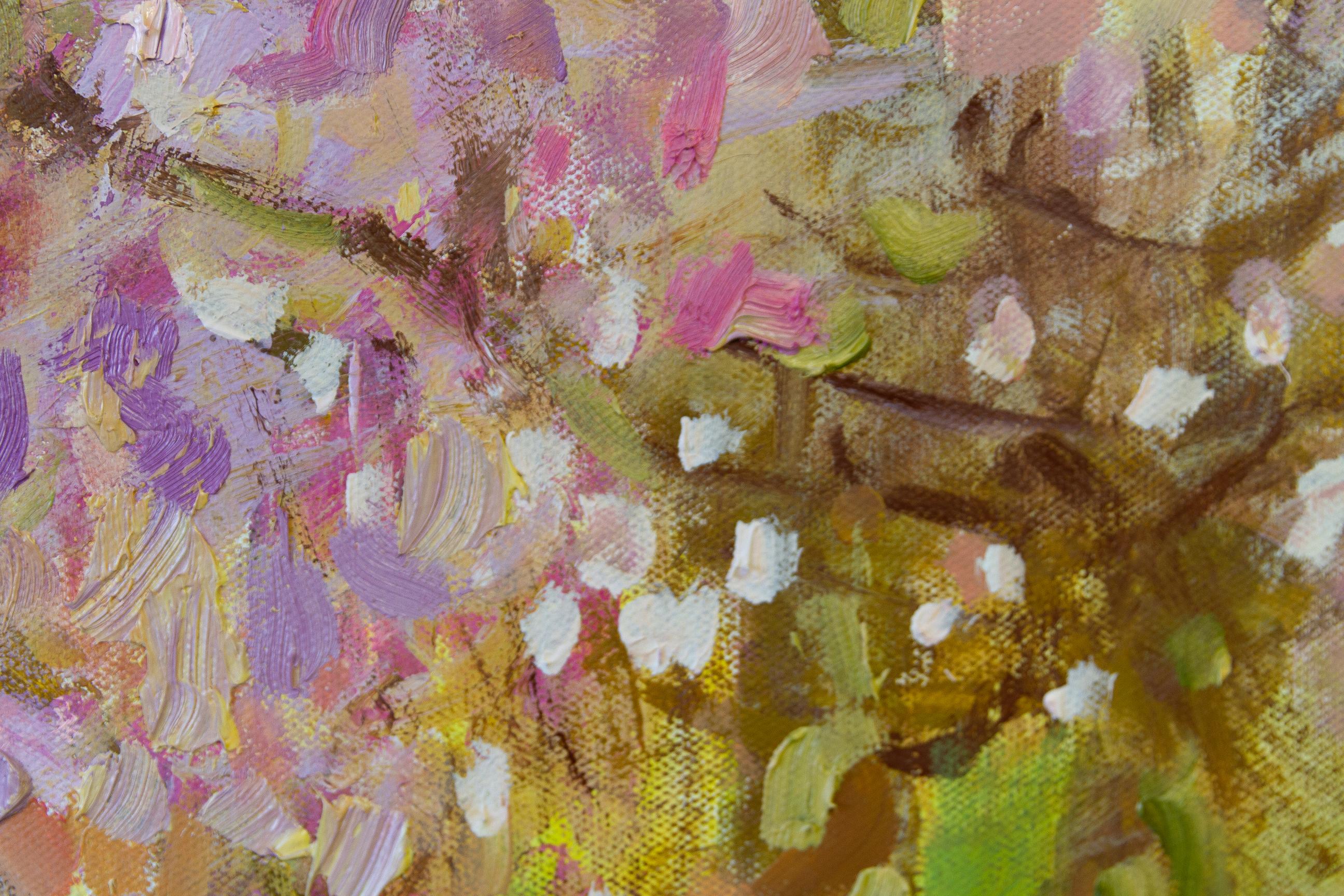 Pink Waterfall.  Oil painting, Landscap, Flowers, Large horizontal Impressionism For Sale 7