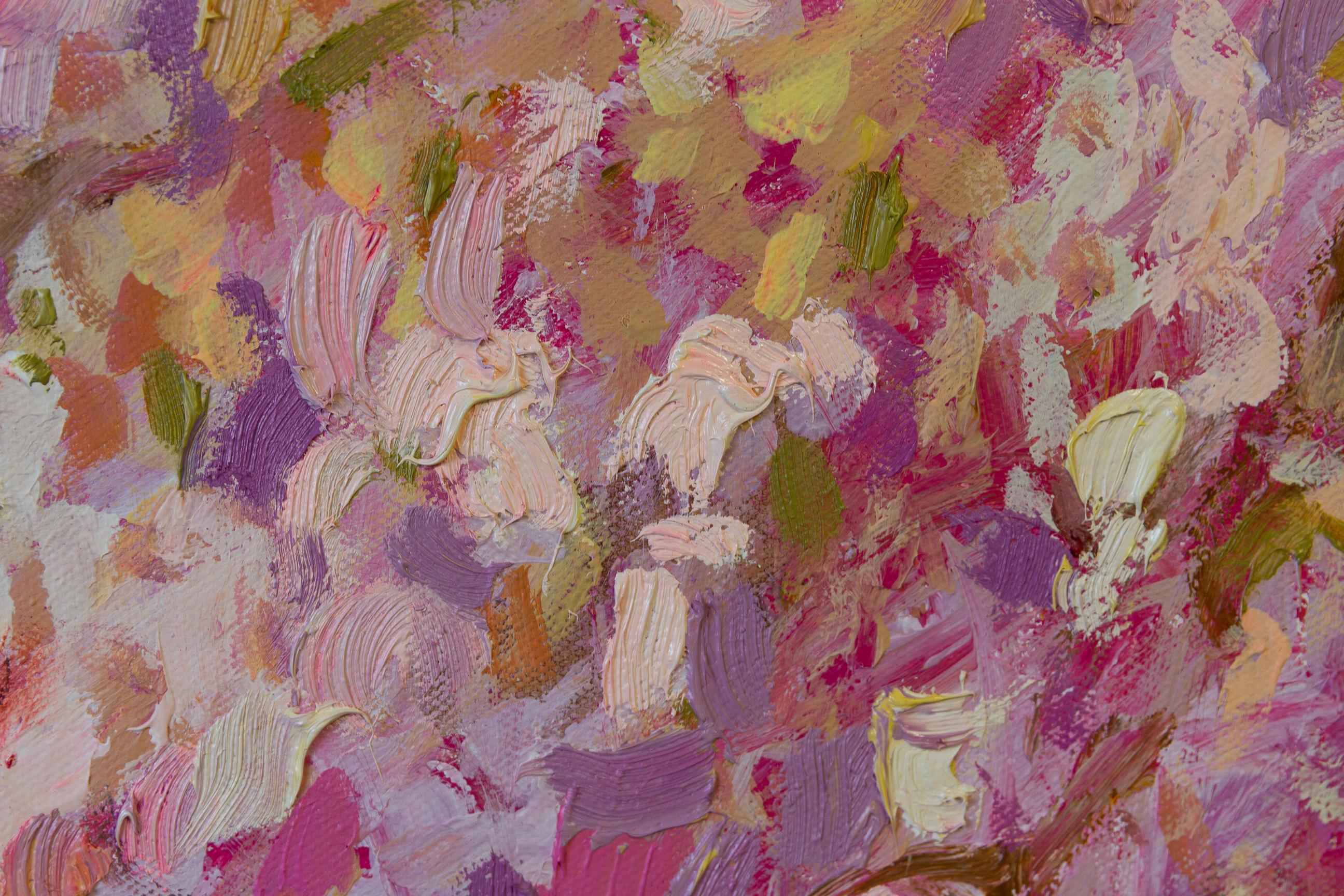 Pink Waterfall.  Oil painting, Landscap, Flowers, Large horizontal Impressionism For Sale 8