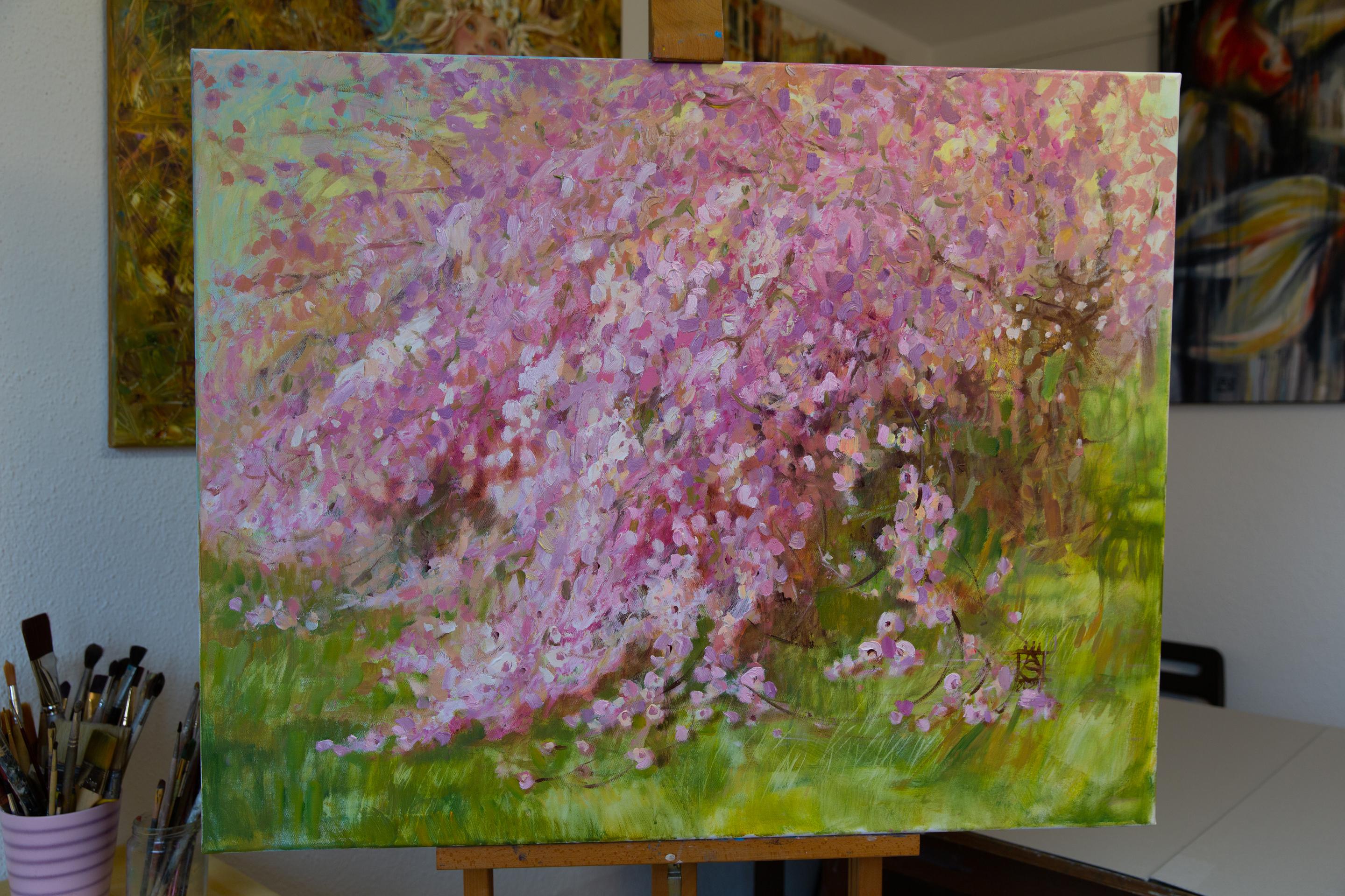 Pink Waterfall.  Oil painting, Landscap, Flowers, Large horizontal Impressionism - Post-Impressionist Painting by Anna Shesterikova