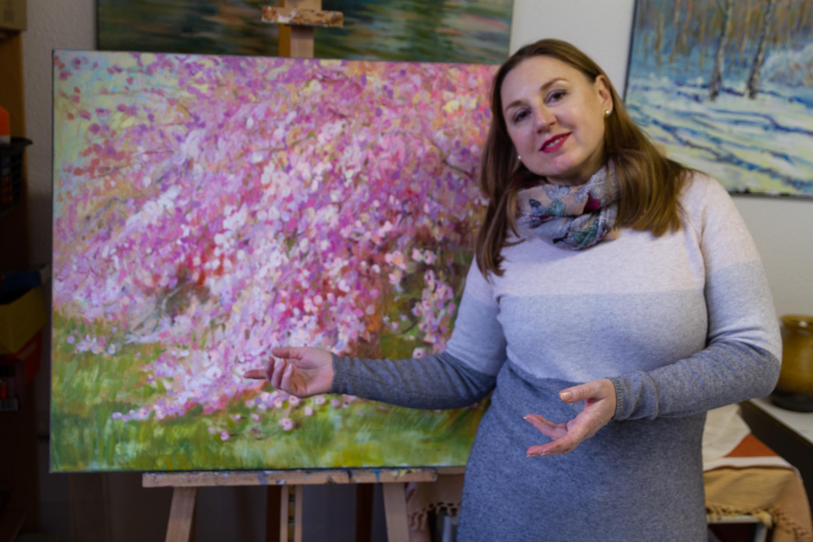 Pink Waterfall.  Oil painting, Landscap, Flowers, Large horizontal Impressionism - Brown Landscape Painting by Anna Shesterikova