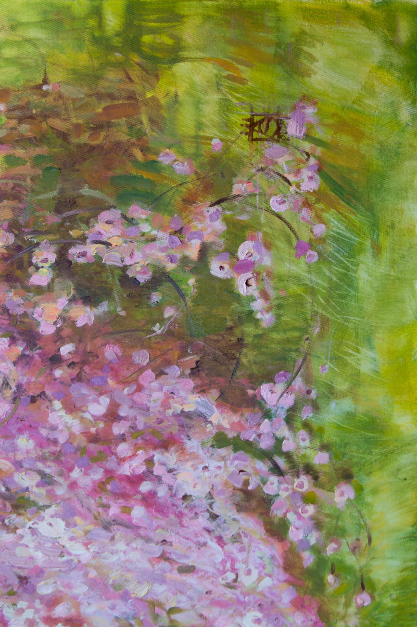 Pink Waterfall.  Oil painting, Landscap, Flowers, Large horizontal Impressionism For Sale 1