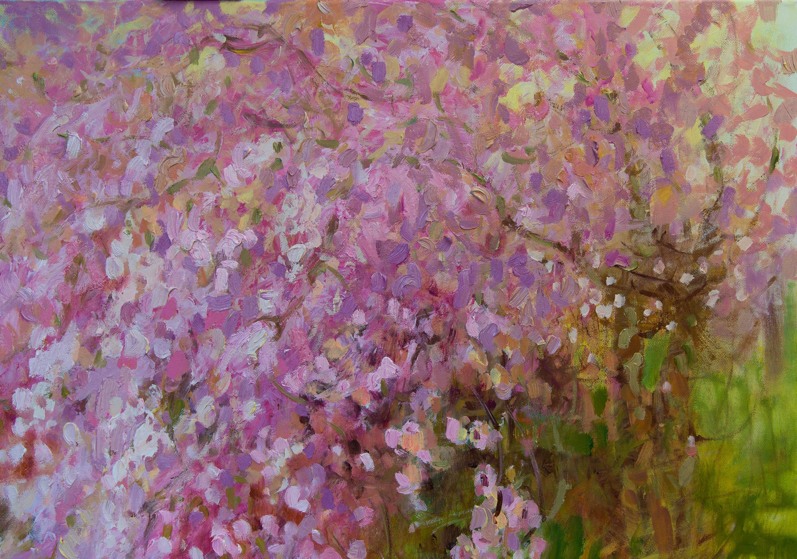 Pink Waterfall.  Oil painting, Landscap, Flowers, Large horizontal Impressionism For Sale 2