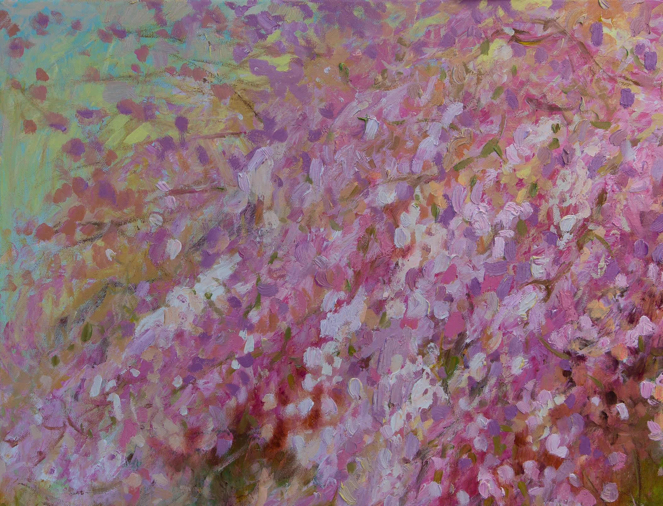 Pink Waterfall.  Oil painting, Landscap, Flowers, Large horizontal Impressionism For Sale 3