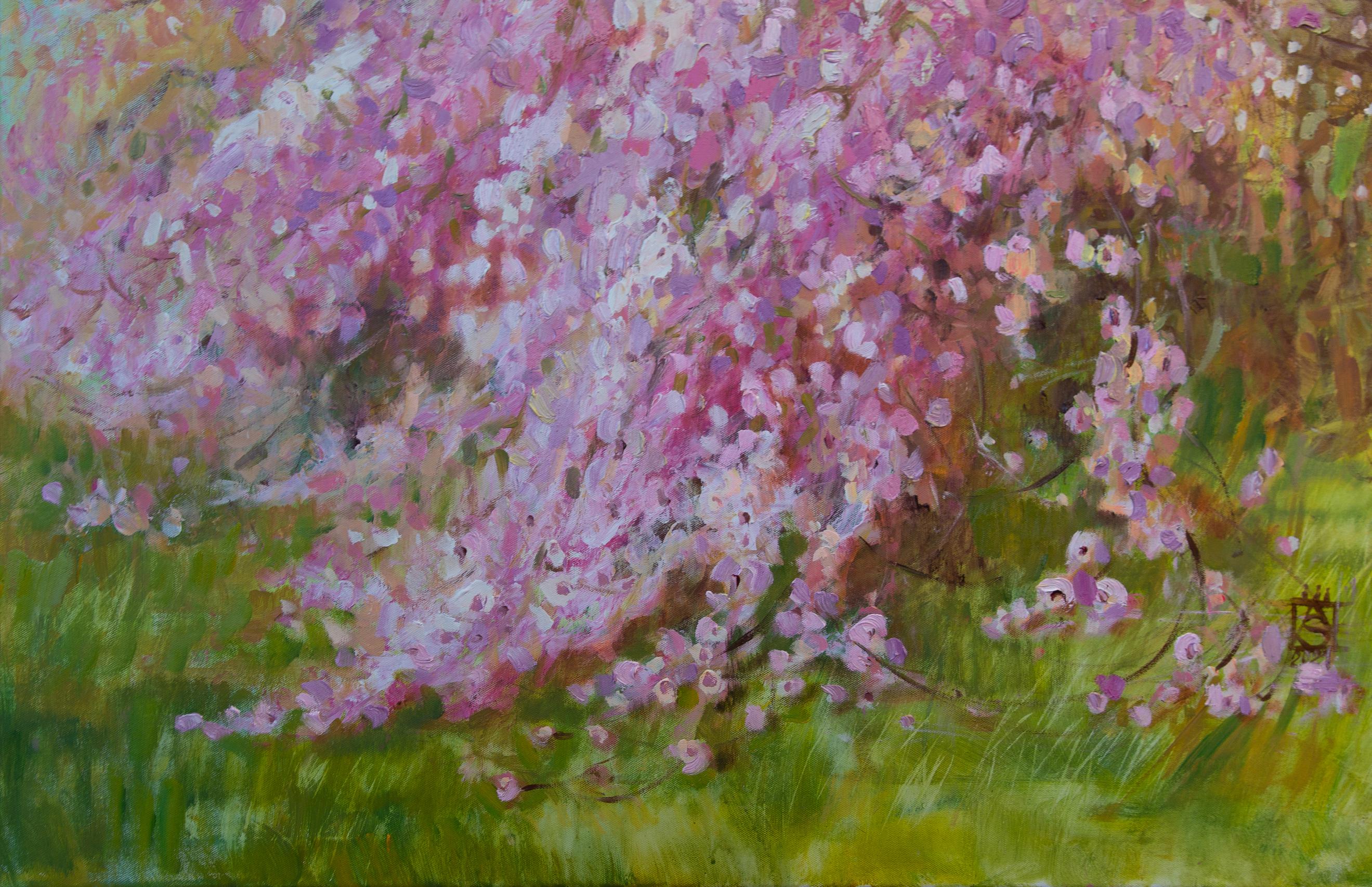 Pink Waterfall.  Oil painting, Landscap, Flowers, Large horizontal Impressionism For Sale 4