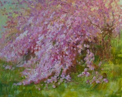 Pink Waterfall.  Oil painting, Landscap, Flowers, Large horizontal Impressionism