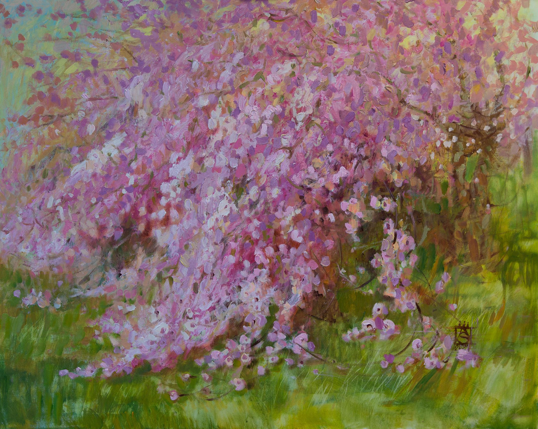 Pink Waterfall. Oil painting, Landscape, Flowers, Large horizontal Impressionism