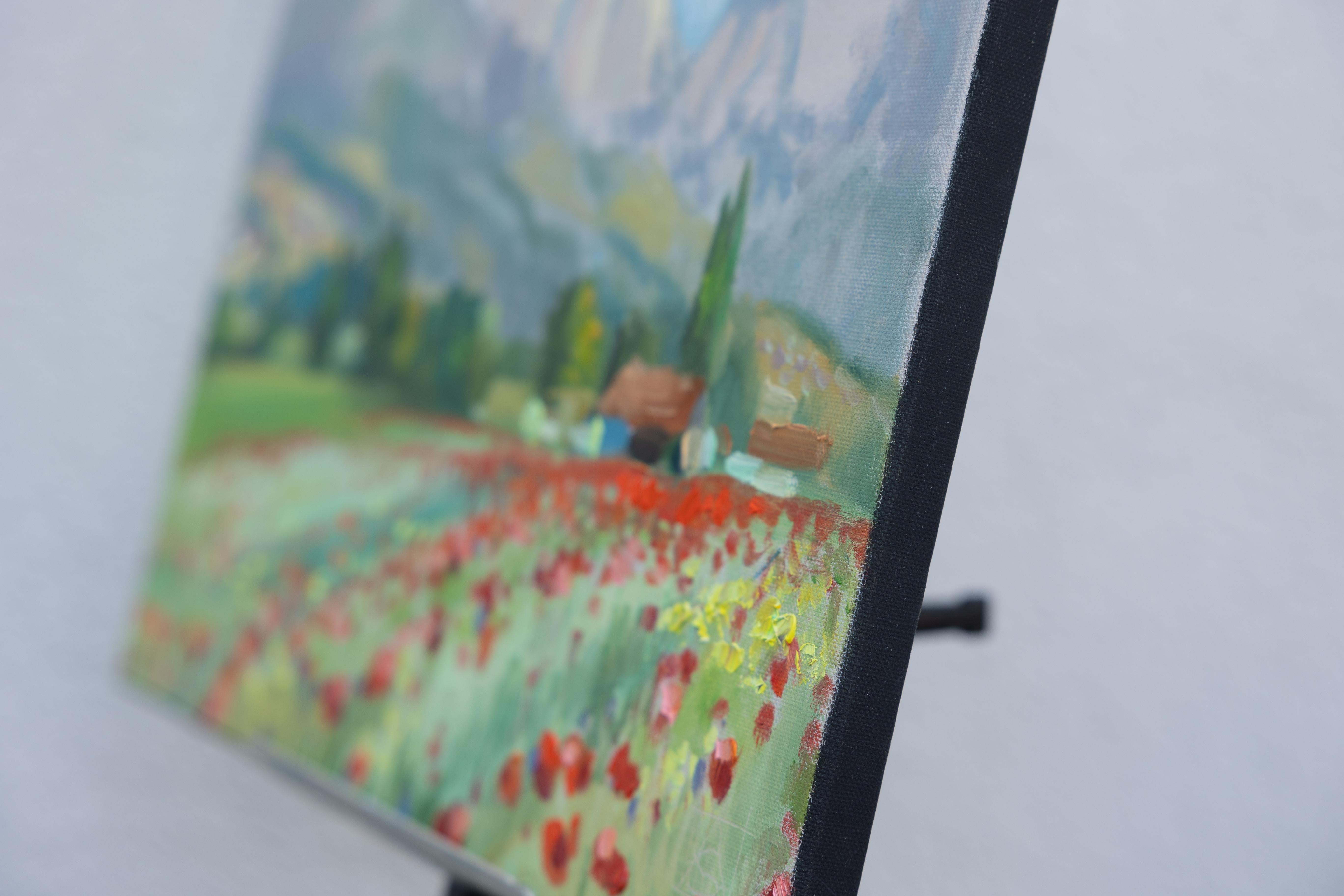 Poppies Of The Rhine Valley. Horizontal, impressionism, landscape, flowers - Painting by Anna Shesterikova
