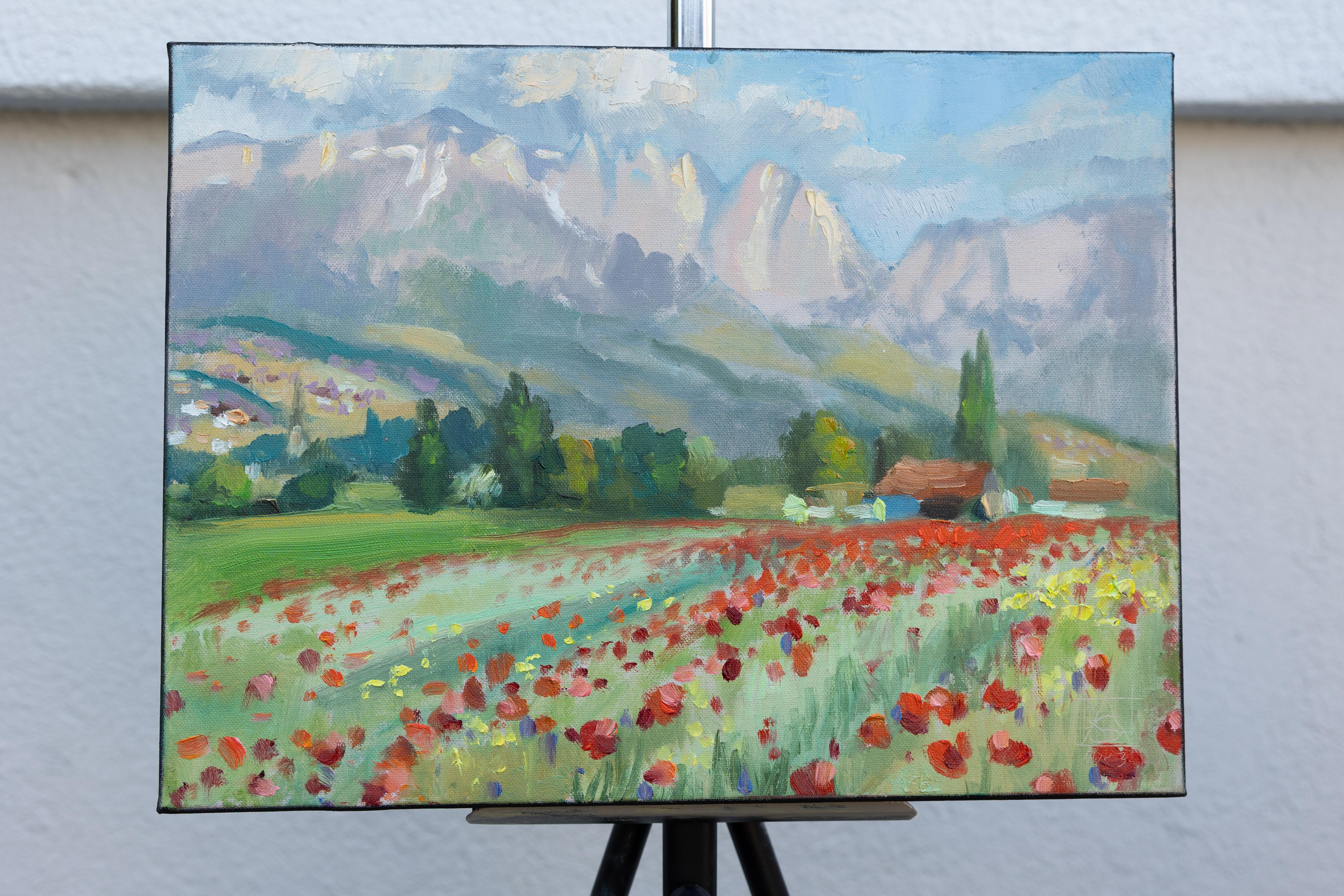 Poppies Of The Rhine Valley. Horizontal, impressionism, landscape, flowers - Post-Impressionist Painting by Anna Shesterikova