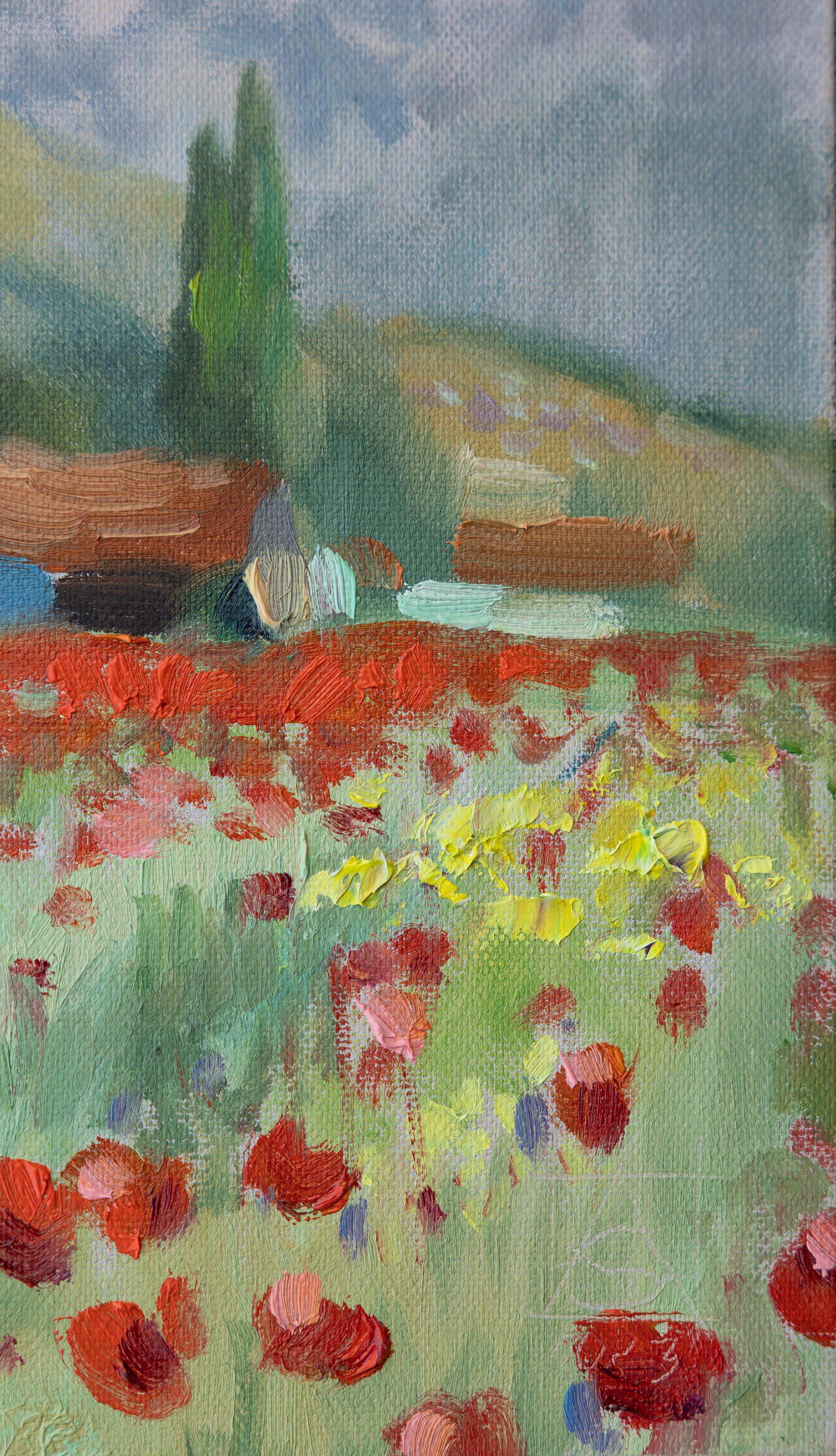 Poppies Of The Rhine Valley. Horizontal, impressionism, landscape, flowers - Gray Landscape Painting by Anna Shesterikova
