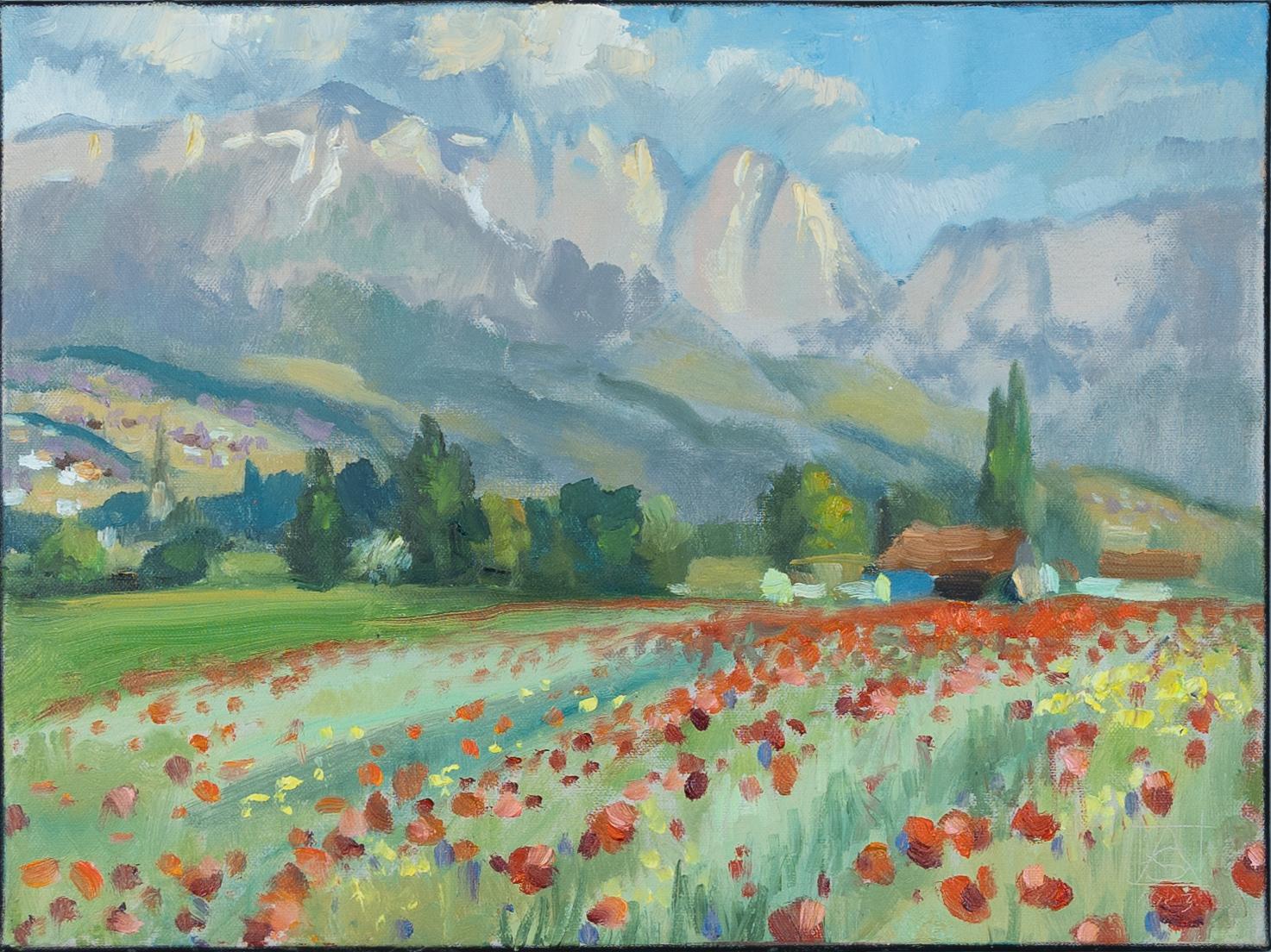 Anna Shesterikova Landscape Painting - Poppies Of The Rhine Valley. Horizontal, impressionism, landscape, flowers
