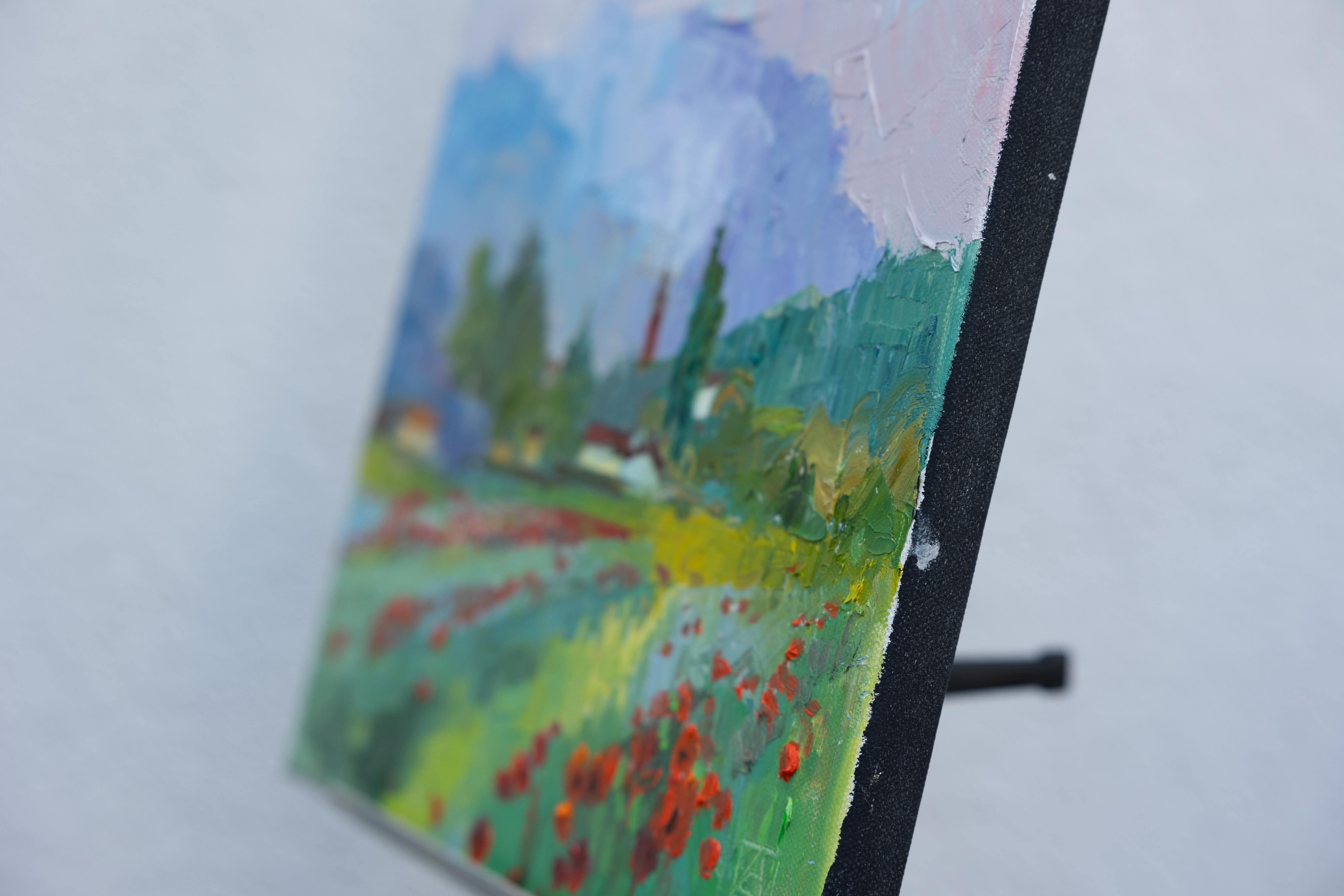 Poppies Of Werdenberg. Small, square landscape, impressionism, Switzerland - Painting by Anna Shesterikova