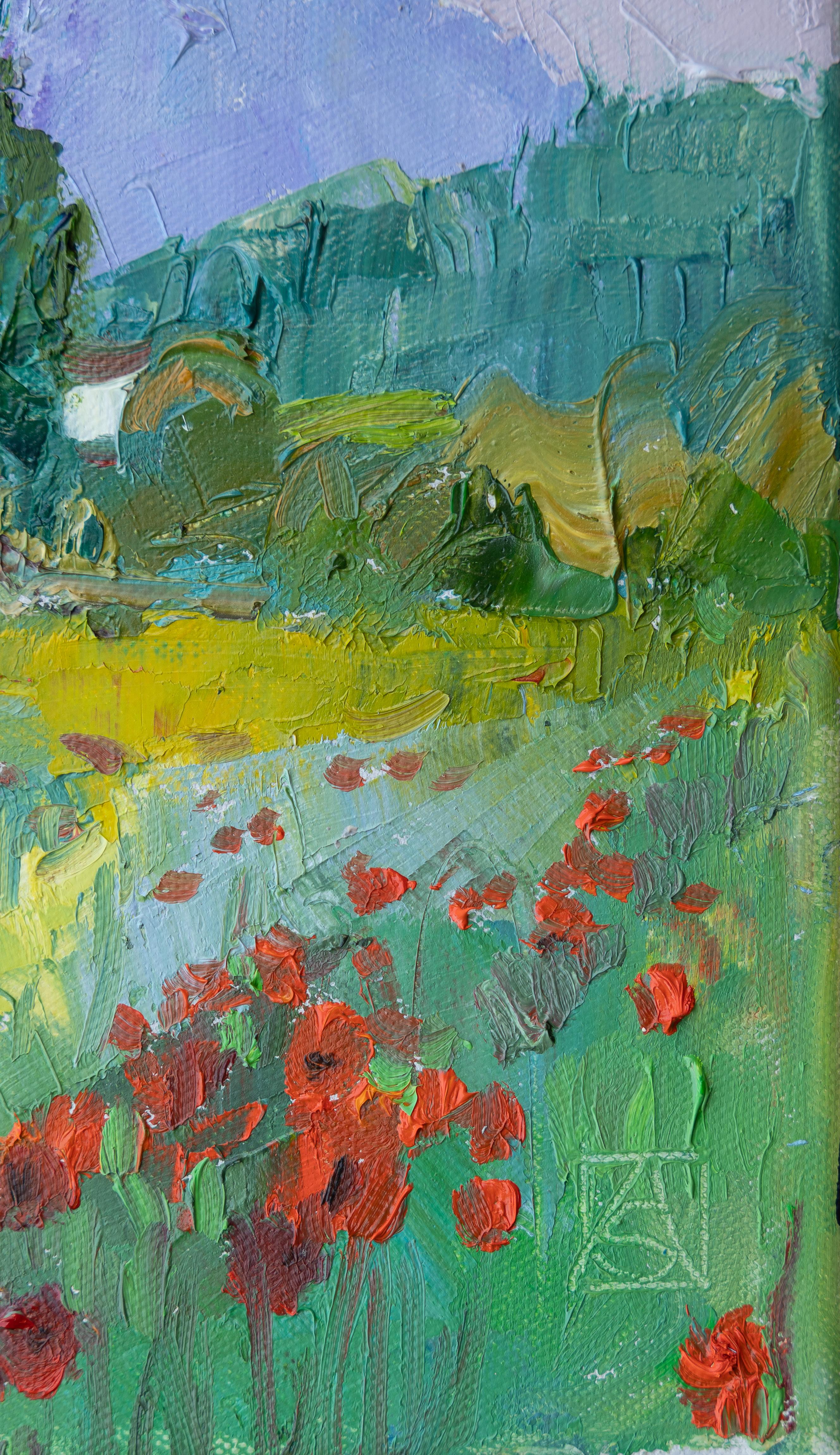 Poppies Of Werdenberg. Small, square landscape, impressionism, Switzerland - Blue Landscape Painting by Anna Shesterikova