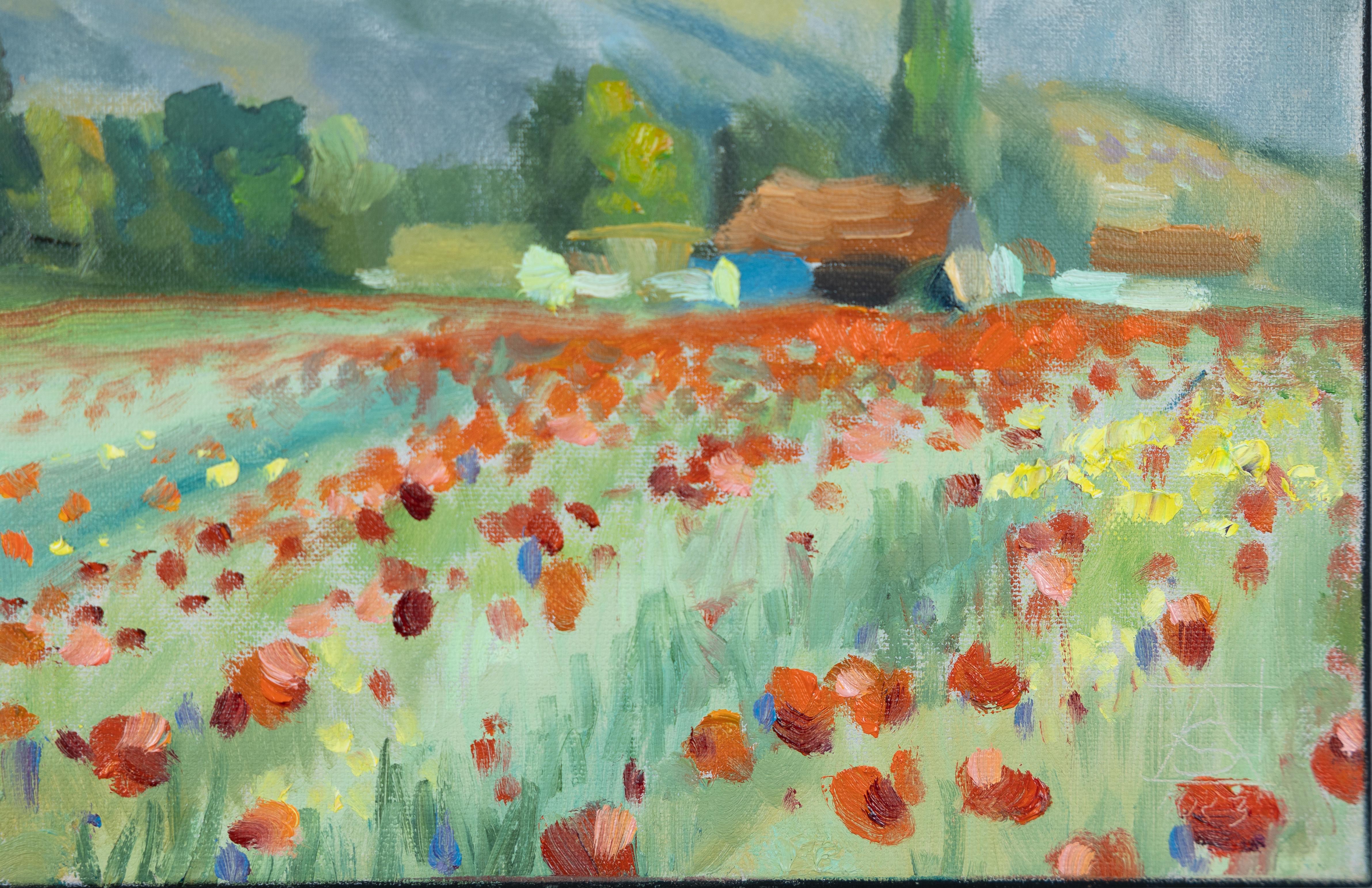 Using vibrant oil paints, I captured the essence of a blooming field that speaks of the power and beauty of nature. In the background you can see the houses of Werdenberg and the “Three Sisters” mountain in Liechtenstein. My work, rooted in