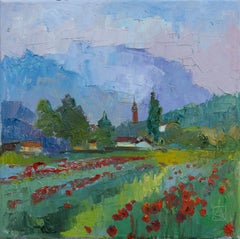 Poppies Of Werdenberg. Small, square oil landscape, impressionism, Switzerland