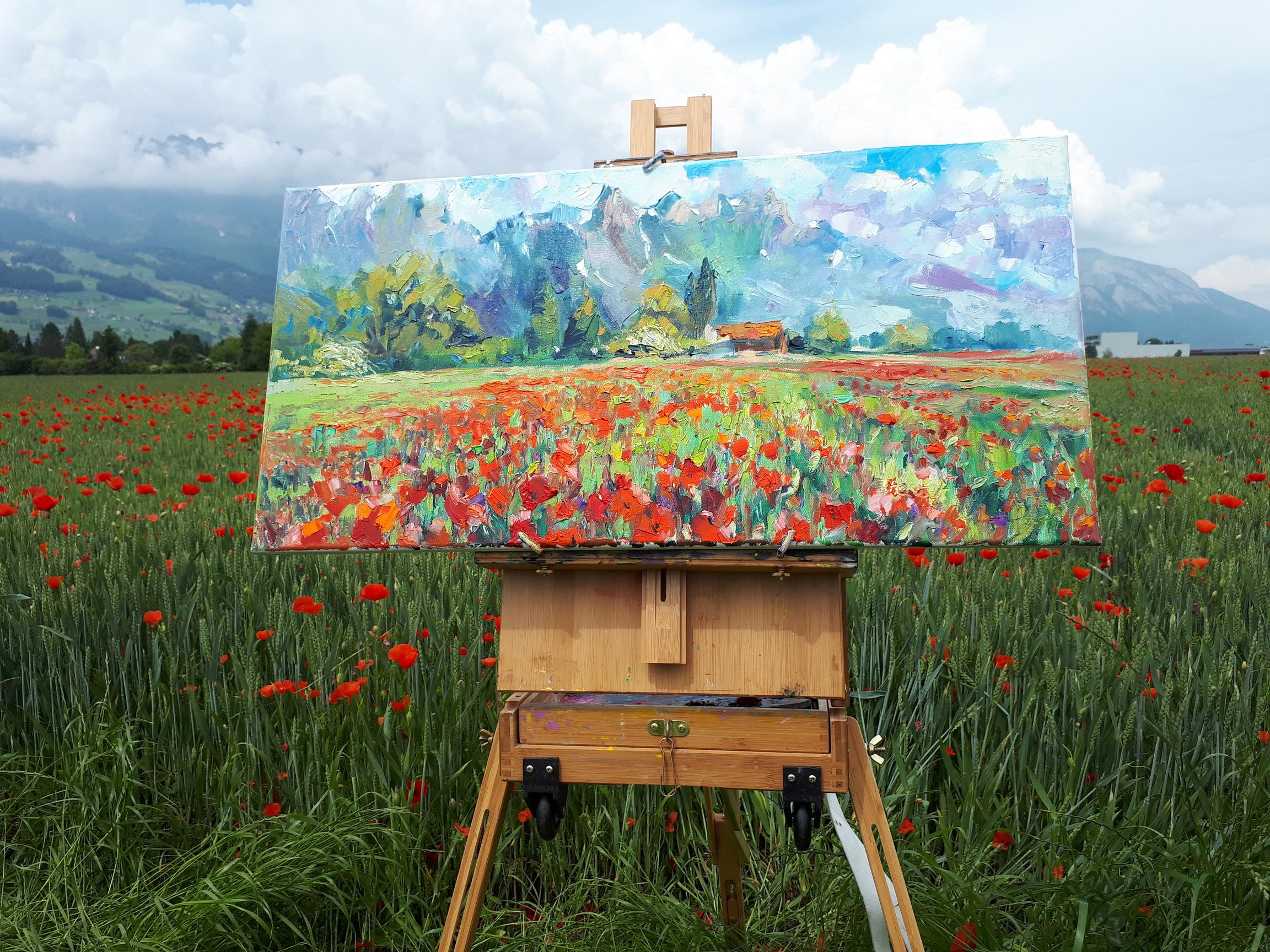 Campo de amapolas en Grabs. Óleo, impresionismo, horizontal, paisaje, montañas en venta 5