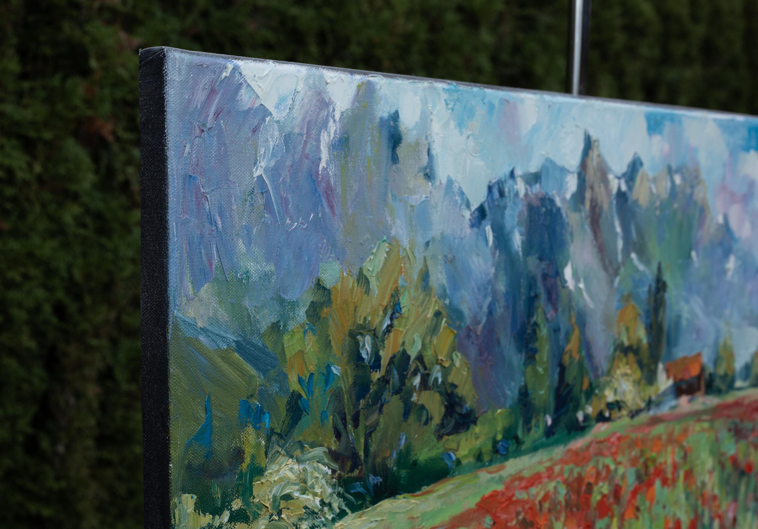 Campo de amapolas en Grabs. Óleo, impresionismo, horizontal, paisaje, montañas - Painting de Anna Shesterikova