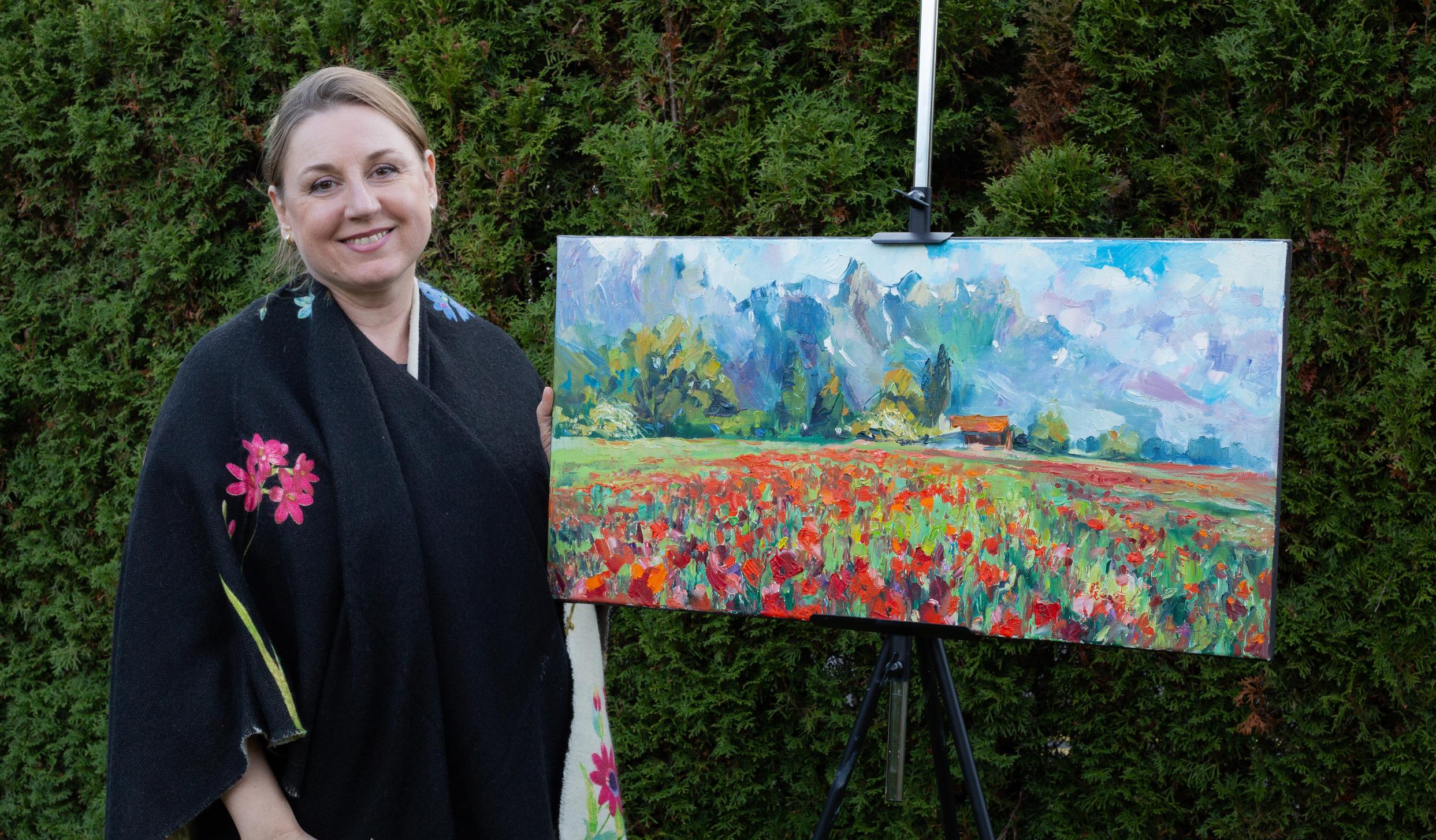 Campo de amapolas en Grabs. Óleo, impresionismo, horizontal, paisaje, montañas - Painting Posimpresionista de Anna Shesterikova