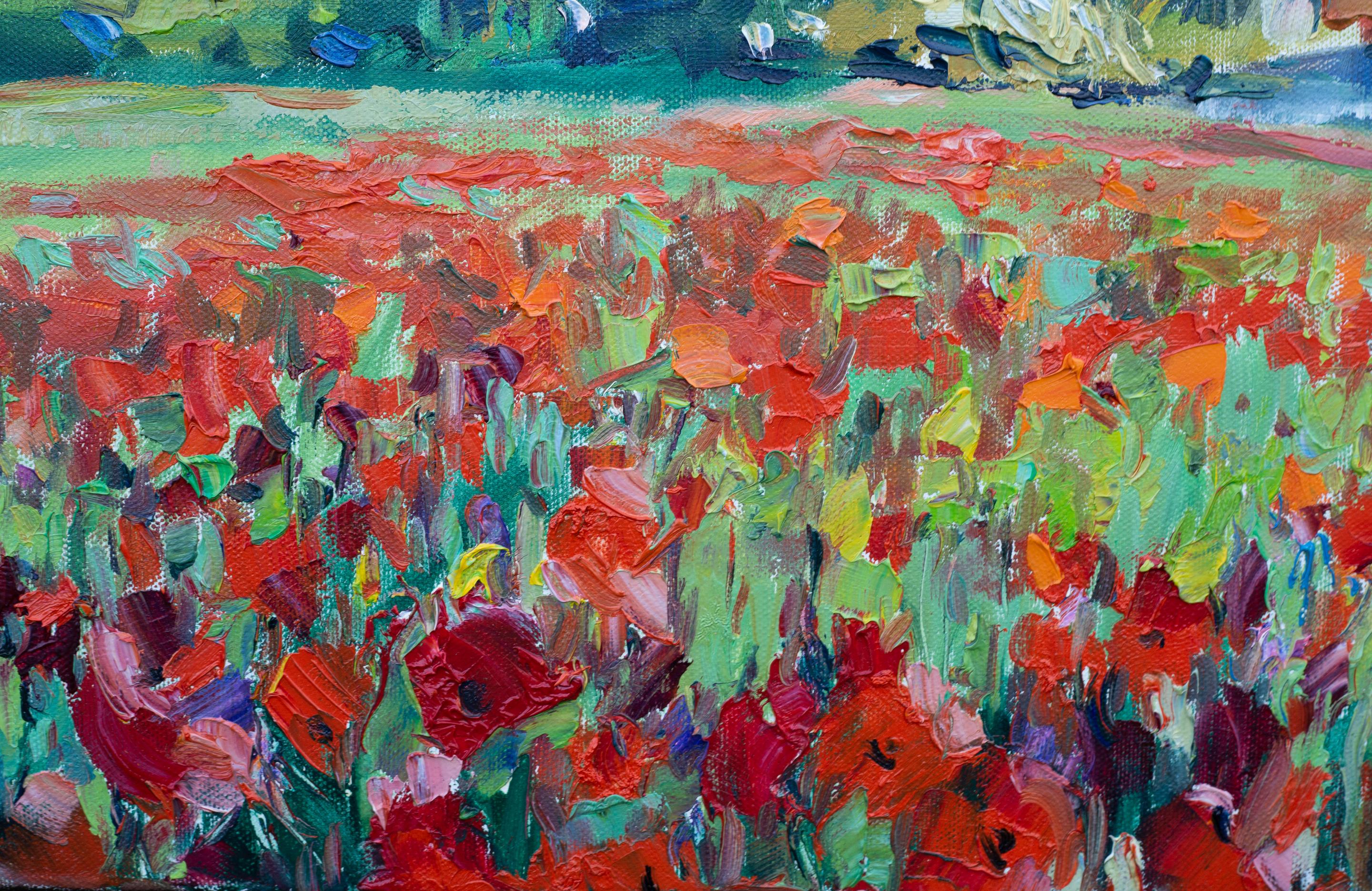 Campo de amapolas en Grabs. Óleo, impresionismo, horizontal, paisaje, montañas en venta 4