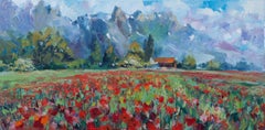 Poppy Field in Grabs. Oil, impressionism, horizontal, landscape, mountains