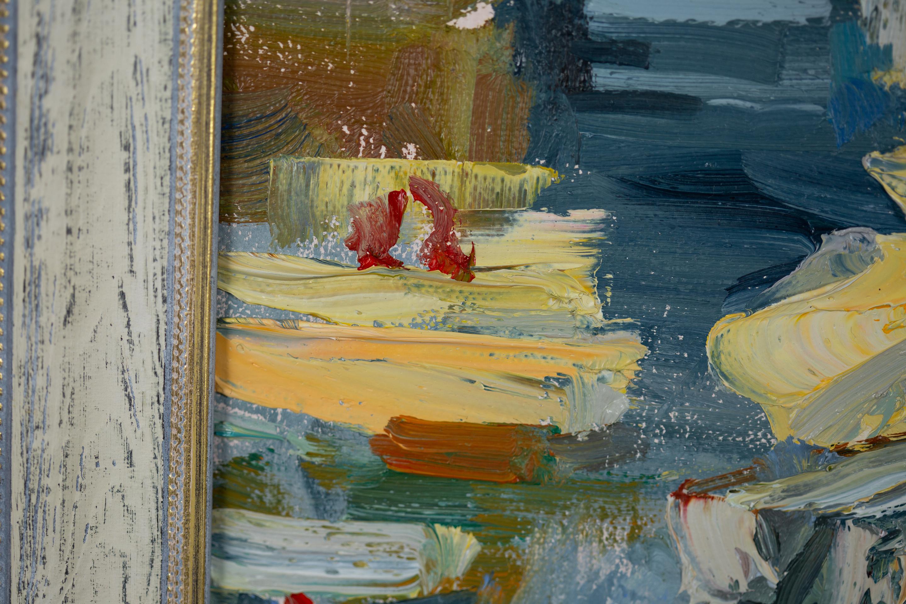 Portese. Öl-Landschaft, Impressionismus, Boote, Steg, See, Italien im Angebot 7