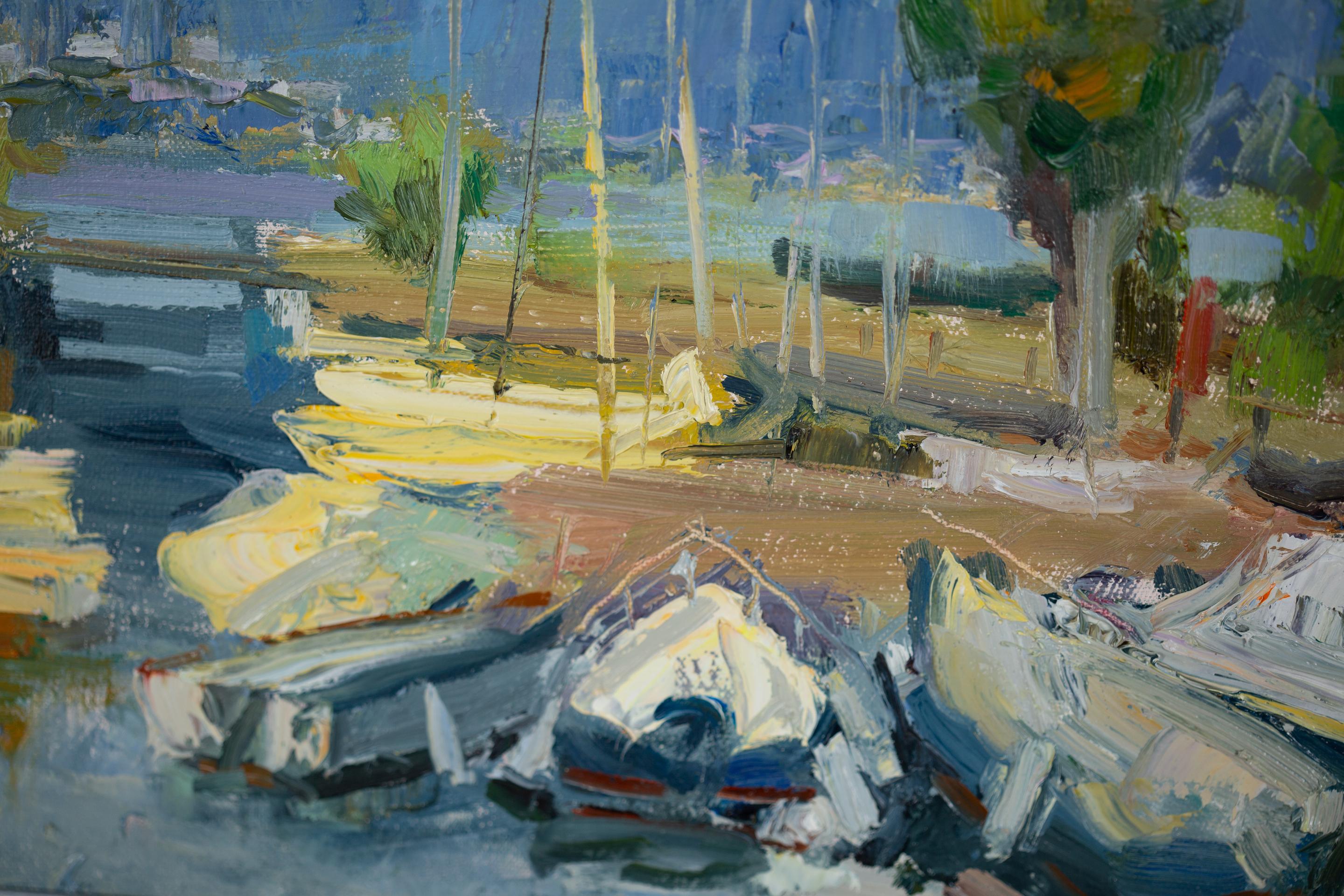 Portese. Öl-Landschaft, Impressionismus, Boote, Steg, See, Italien im Angebot 12