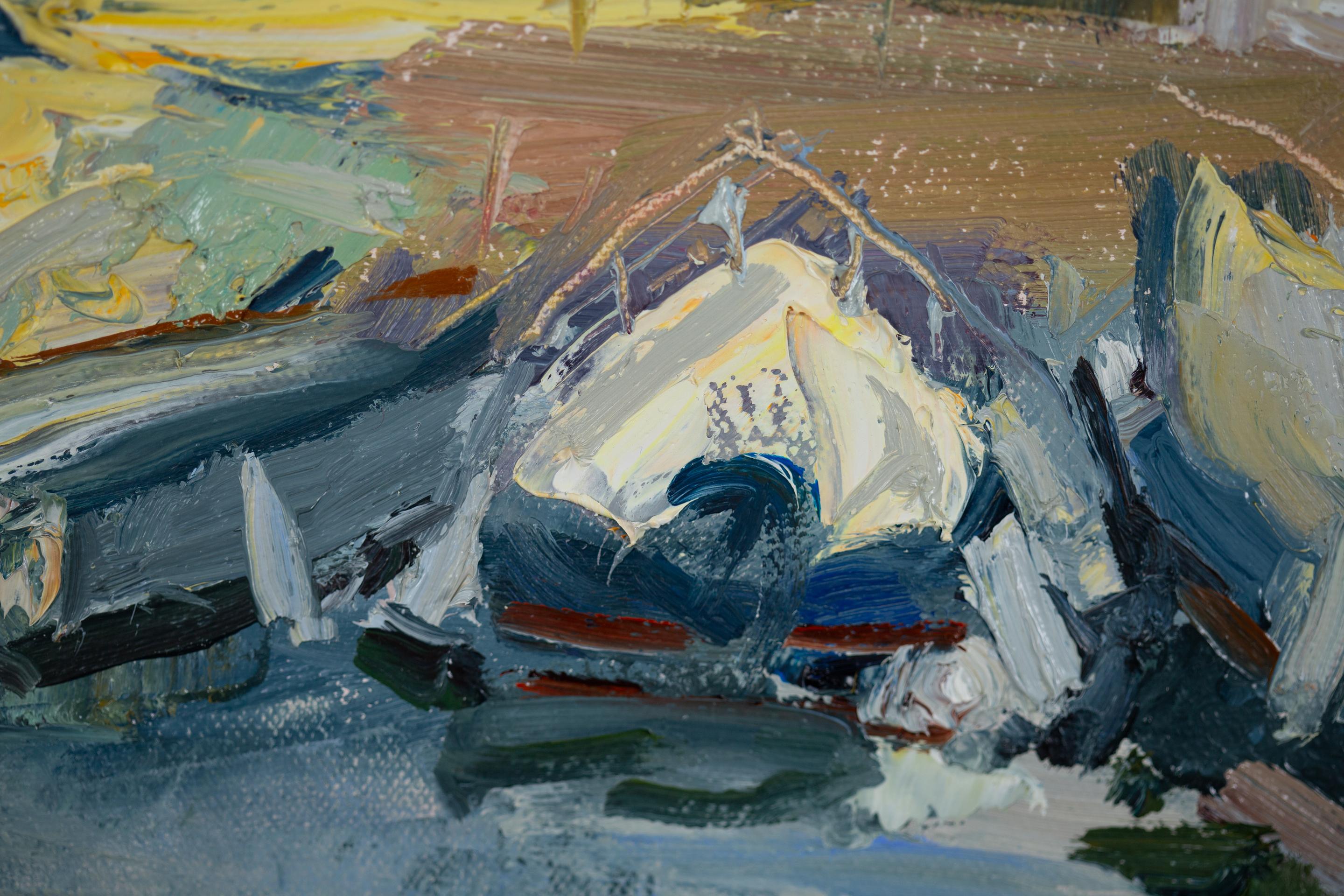 Portese. Öl-Landschaft, Impressionismus, Boote, Steg, See, Italien im Angebot 1