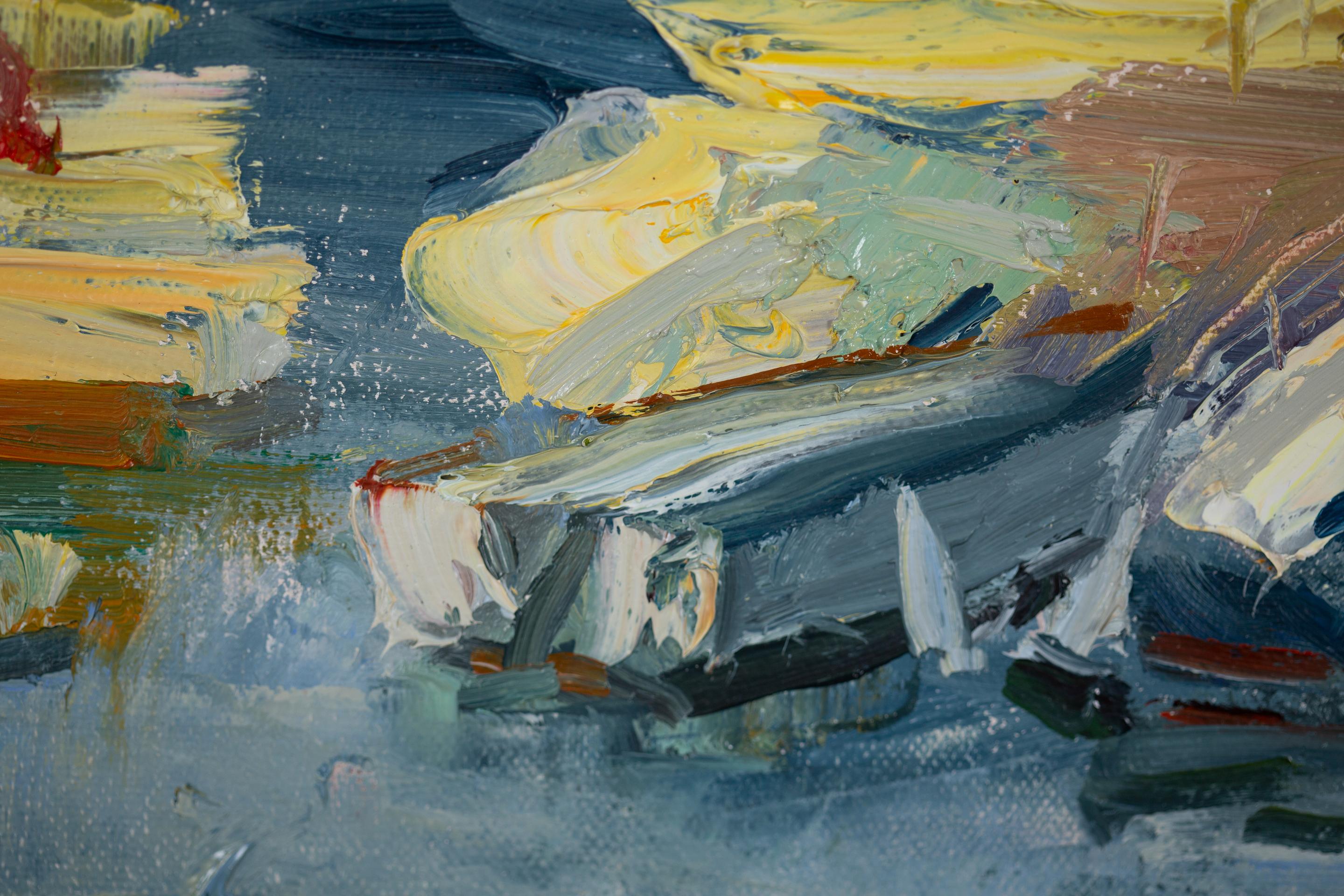 Portese. Öl-Landschaft, Impressionismus, Boote, Steg, See, Italien im Angebot 3