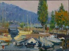 Portese. Oil landscape, impressionism, boats, pier, lake, Italy