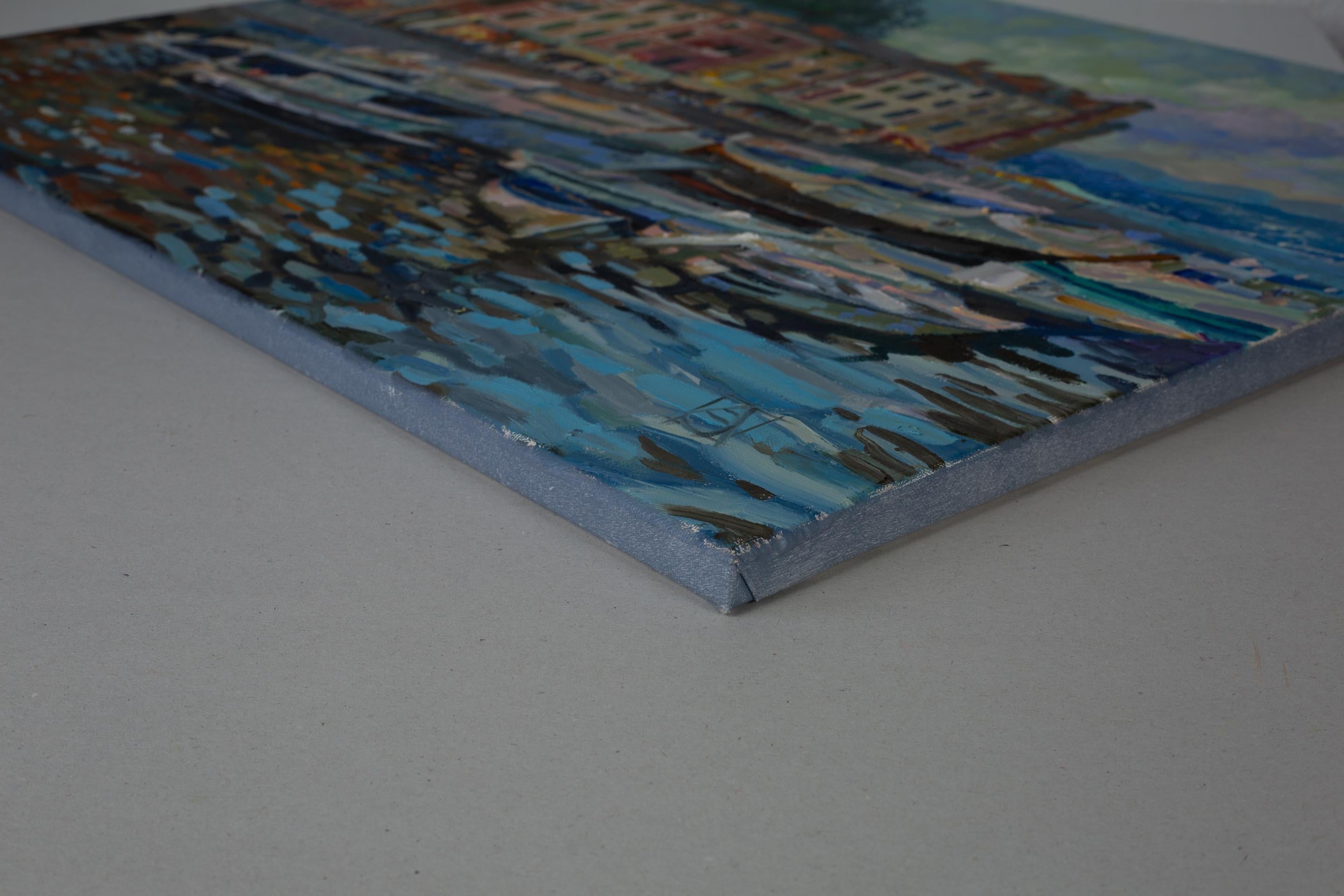 Portofino. Impressionnisme, horizontal, paysage, huile, mer, Italie, ville - Painting de Anna Shesterikova