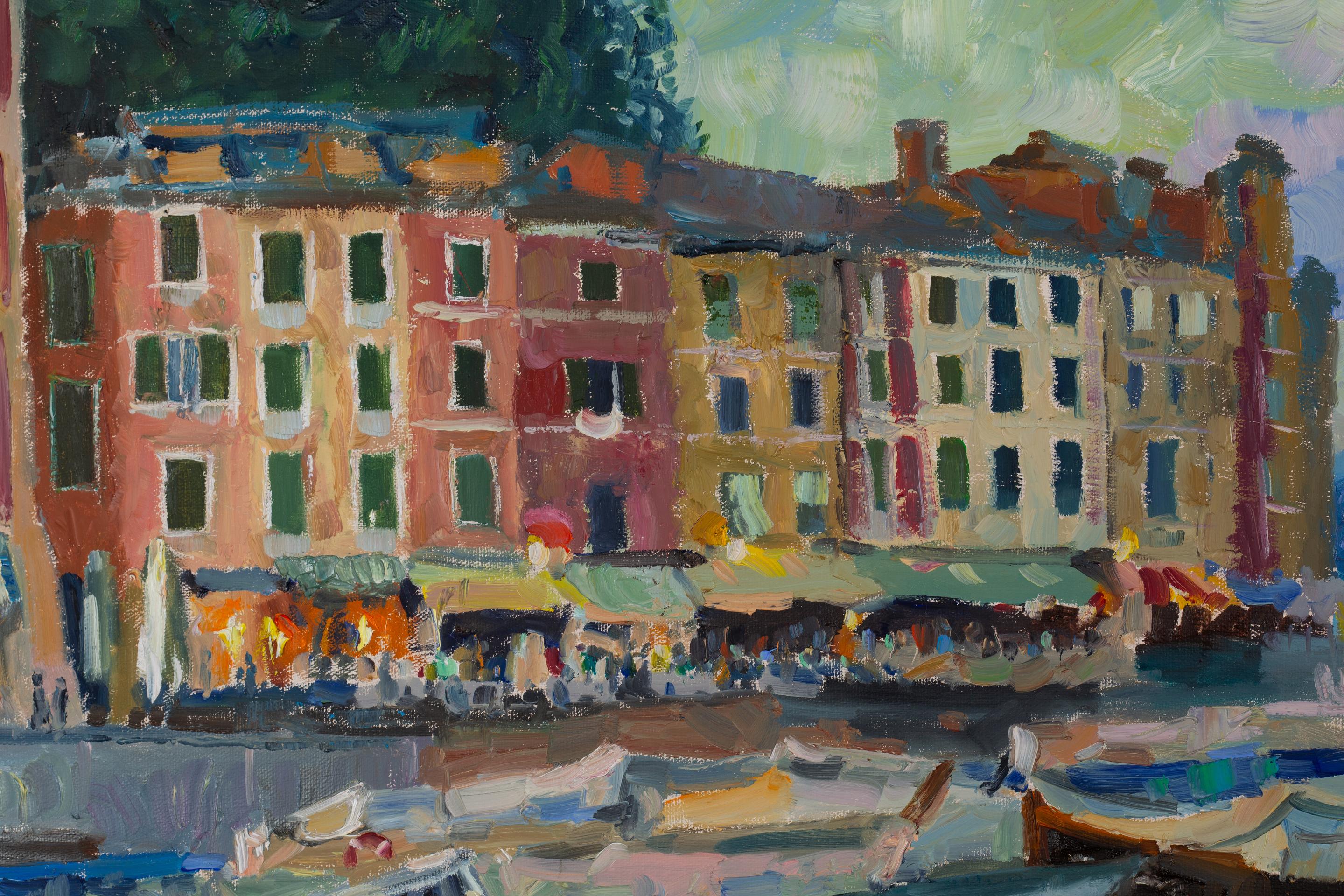 Portofino. Impressionnisme, horizontal, paysage, huile, mer, Italie, ville - Gris Landscape Painting par Anna Shesterikova