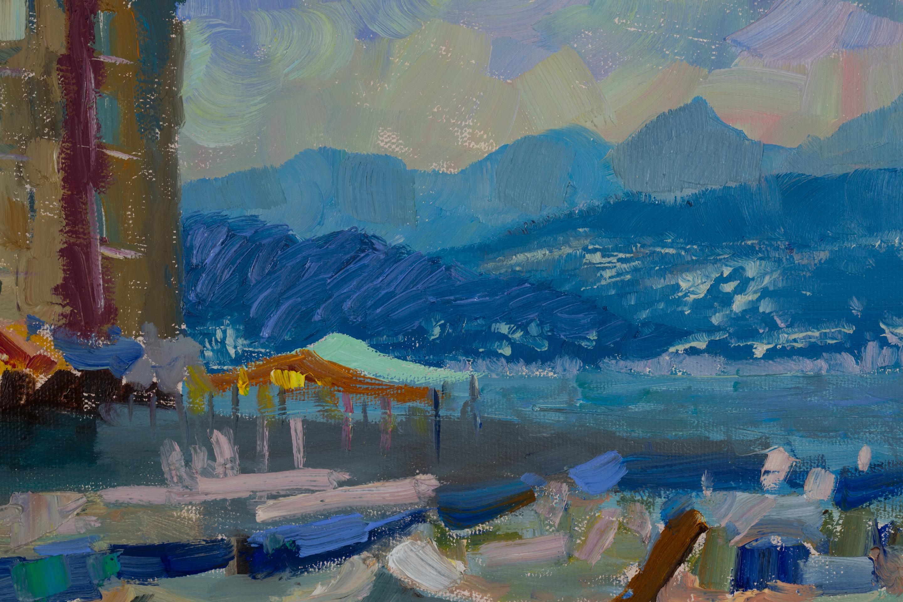 Portofino. Impressionnisme, horizontal, paysage, huile, mer, Italie, ville en vente 2