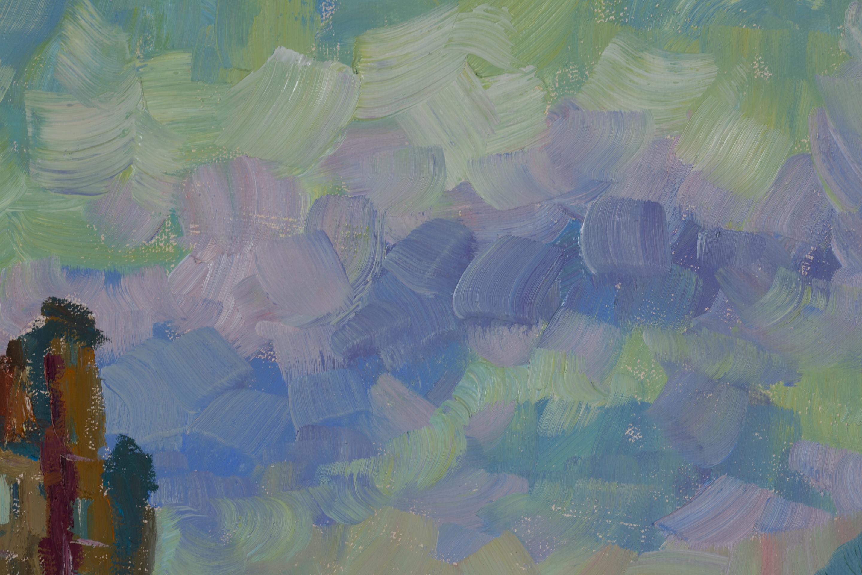 Portofino. Impressionnisme, horizontal, paysage, huile, mer, Italie, ville en vente 3