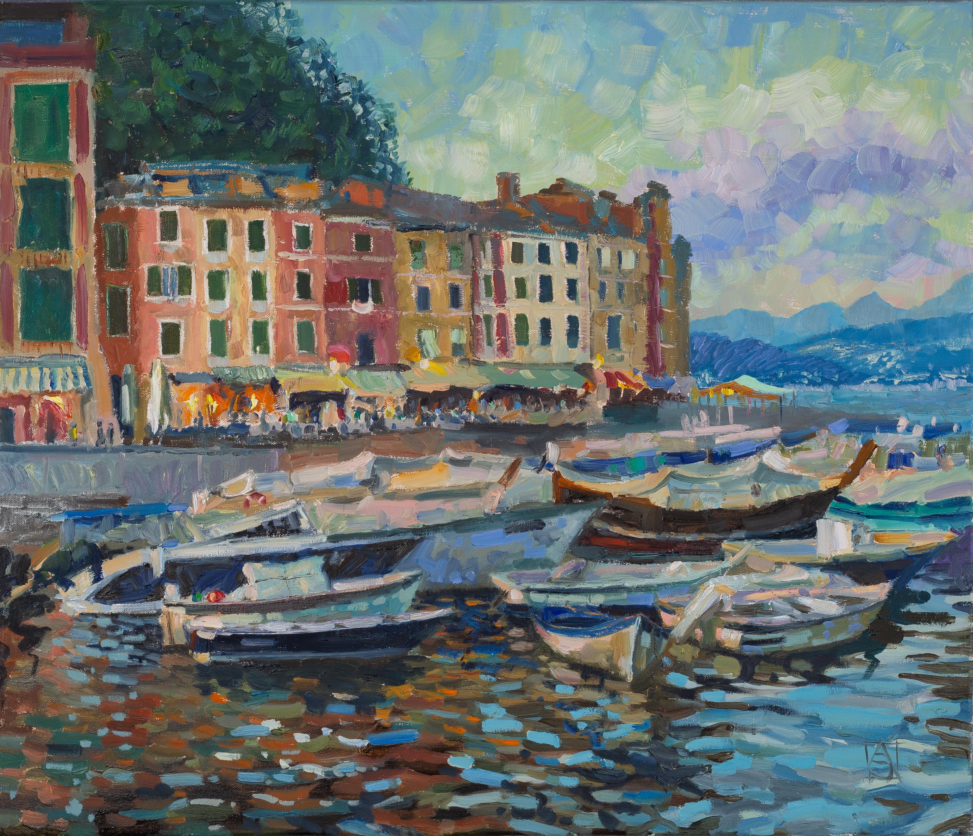 "This landscape painting was painted based on my memories of my trip in 2023 to Portofino, the paradise corner of Italy." said Anna about this work. "Not only small boats, but also the most luxurious yachts enter the cozy little bay. The evening