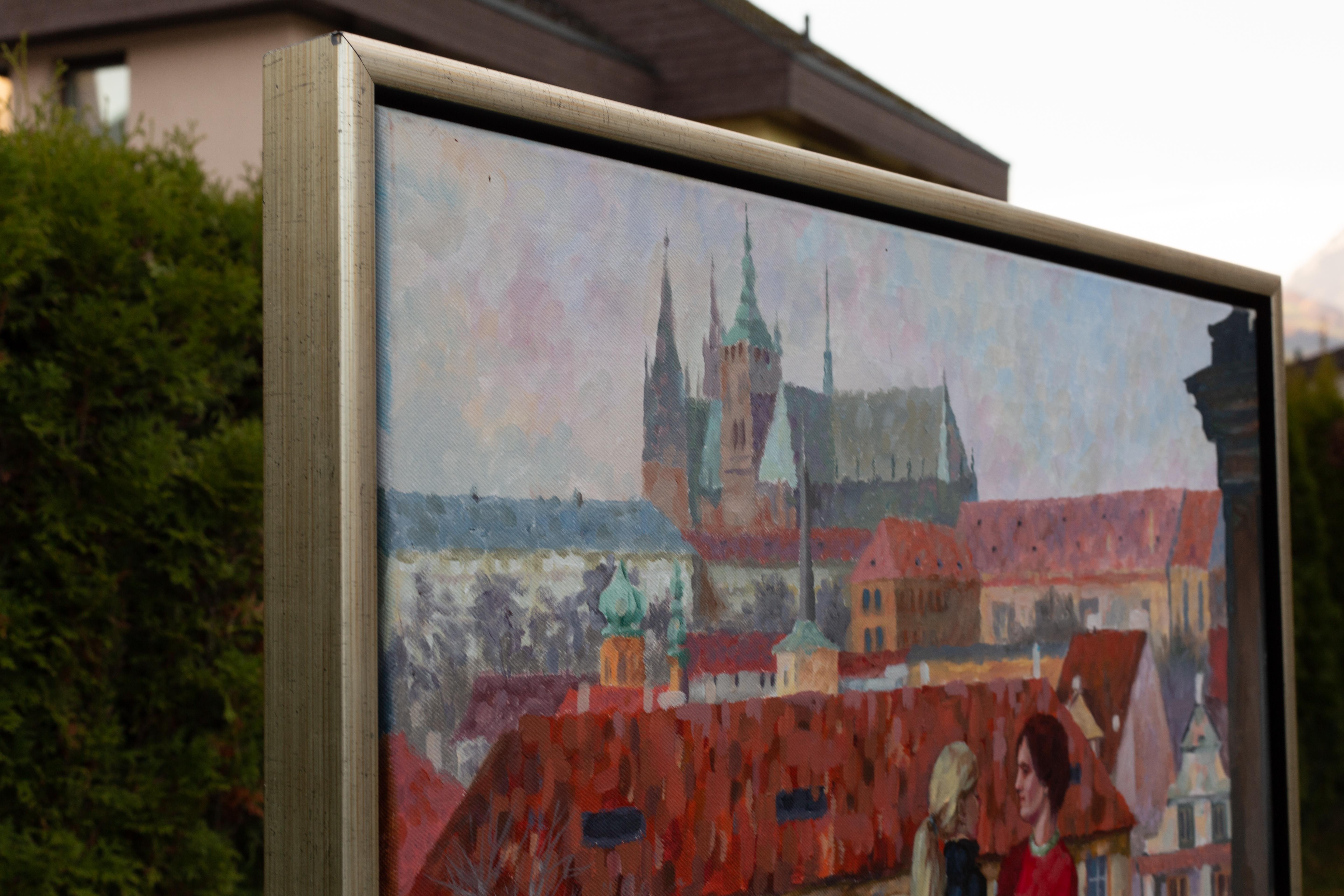 Prague - City of Love. Square, impressionism, landscape, figurative, two - Painting by Anna Shesterikova